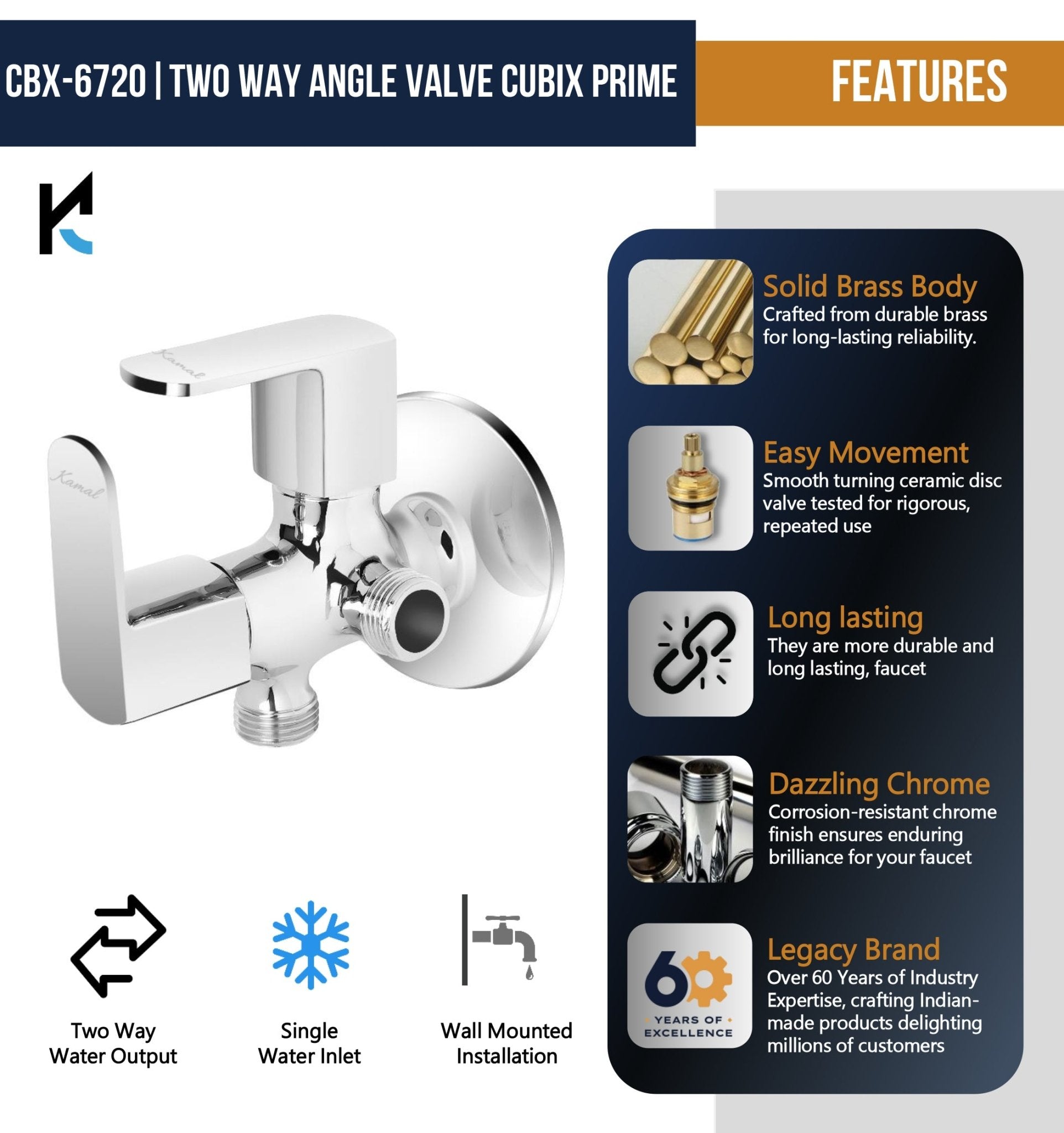 Cubix Prime Two in One Angle Valve (Full Brass) - by Kamal - Kamal Bathware