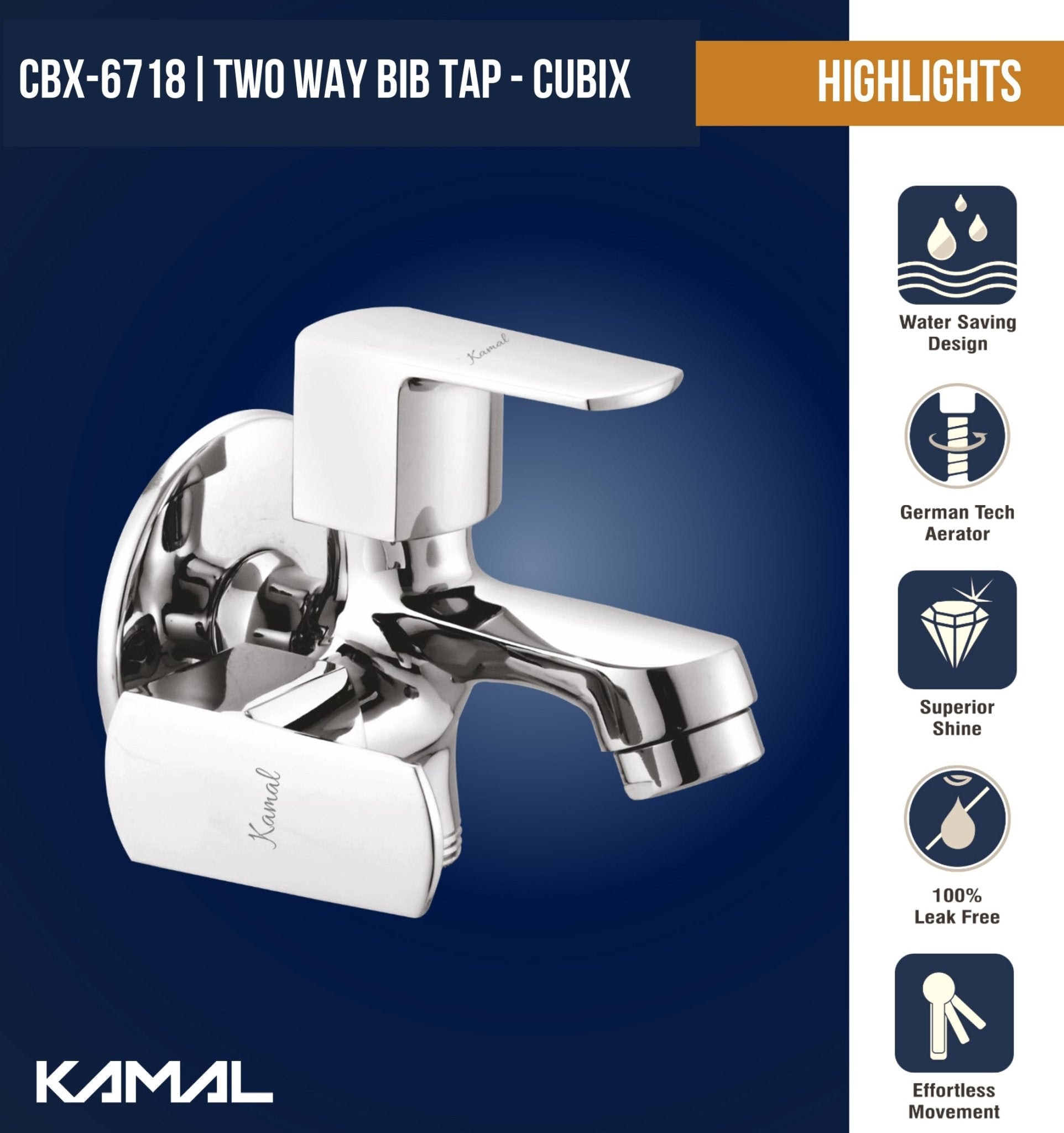 Cubix Prime Two - Way Bib Tap (Full Brass) - by Kamal - Cubix Prime - Kamal Bathware