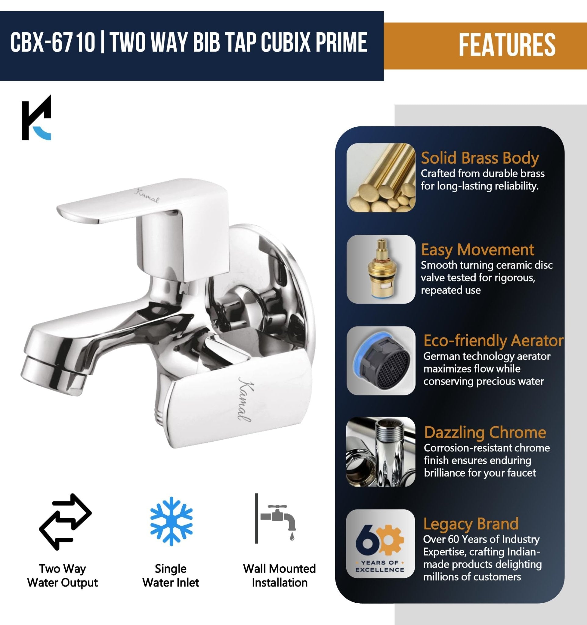 Cubix Prime Two Way Bib Tap (Full Brass) - by Kamal - Cubix Prime - Kamal Bathware