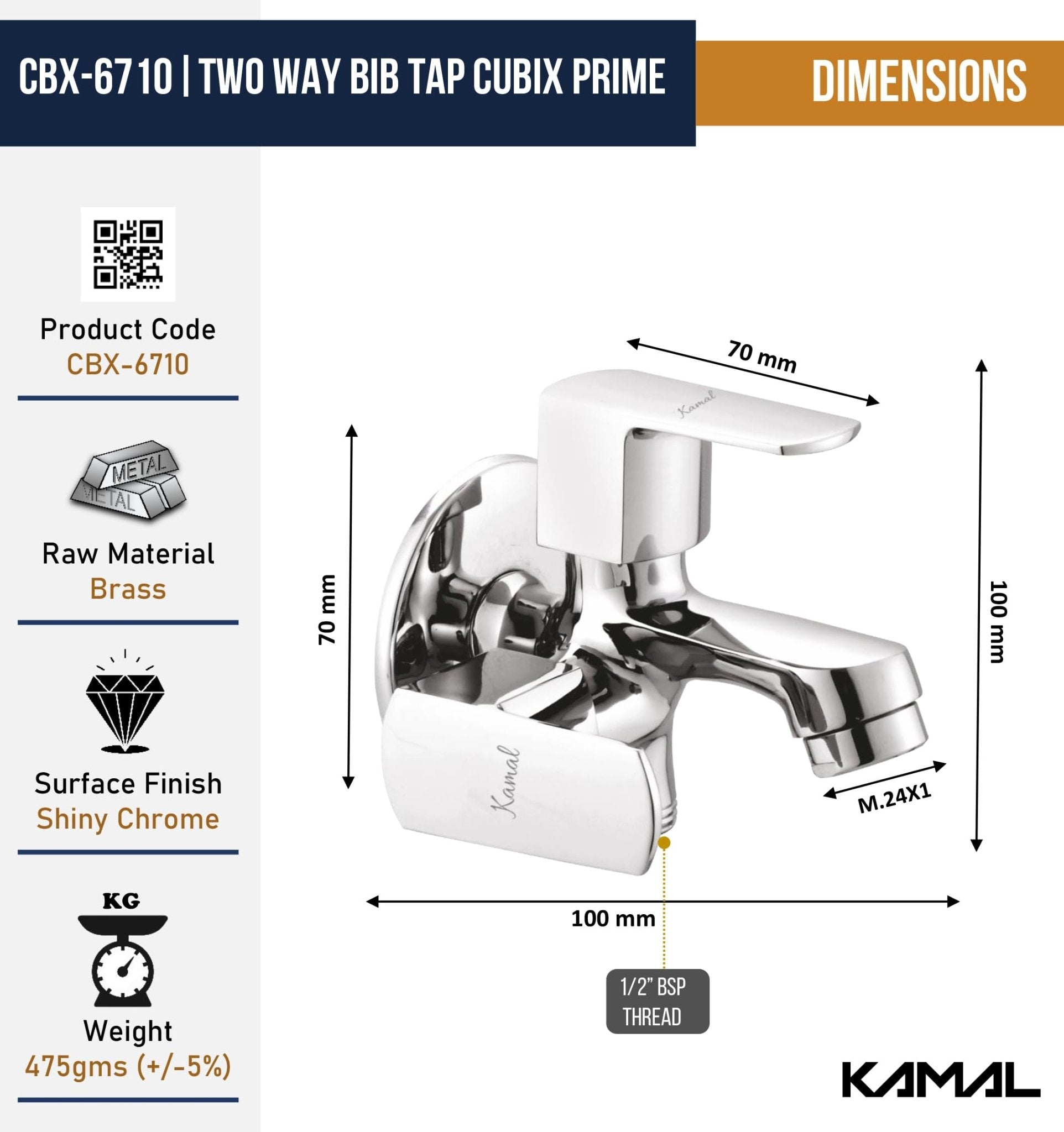 Cubix Prime Two Way Bib Tap (Full Brass) - by Kamal - Cubix Prime - Kamal Bathware