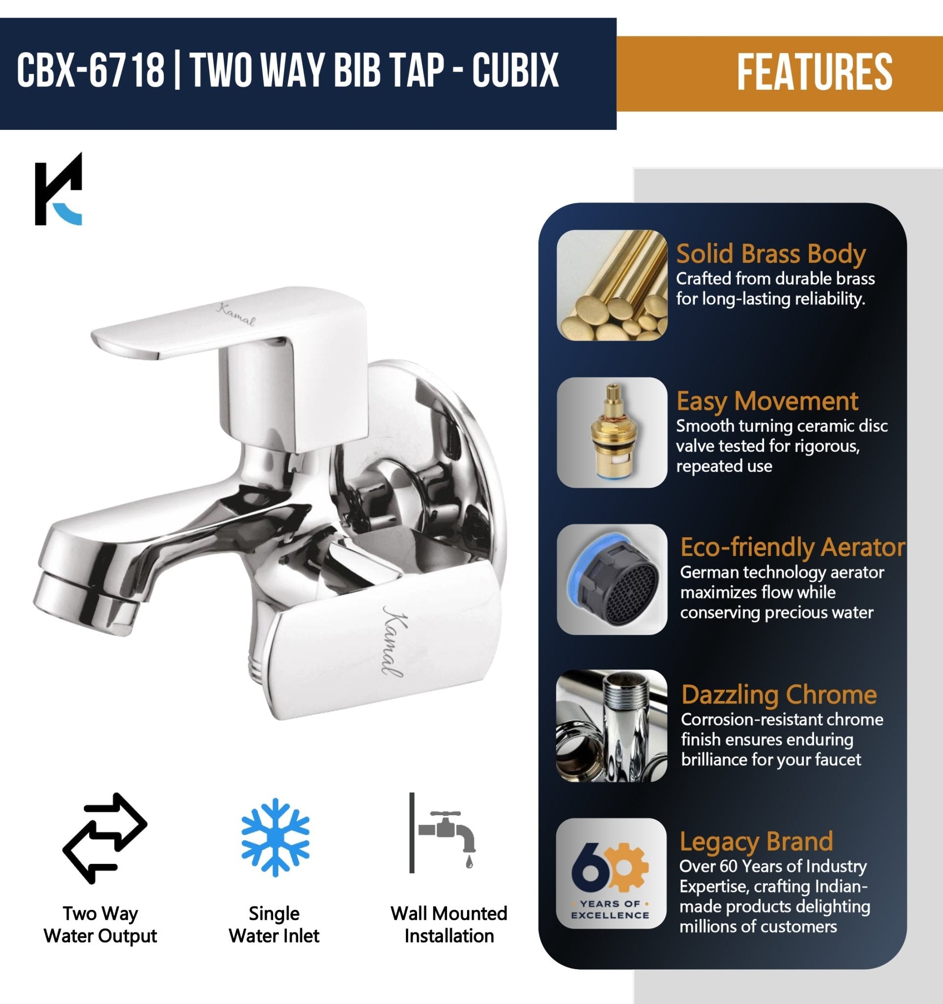 Cubix Prime Two - Way Bib Tap (Full Brass) - by Kamal - Cubix Prime - Kamal Bathware