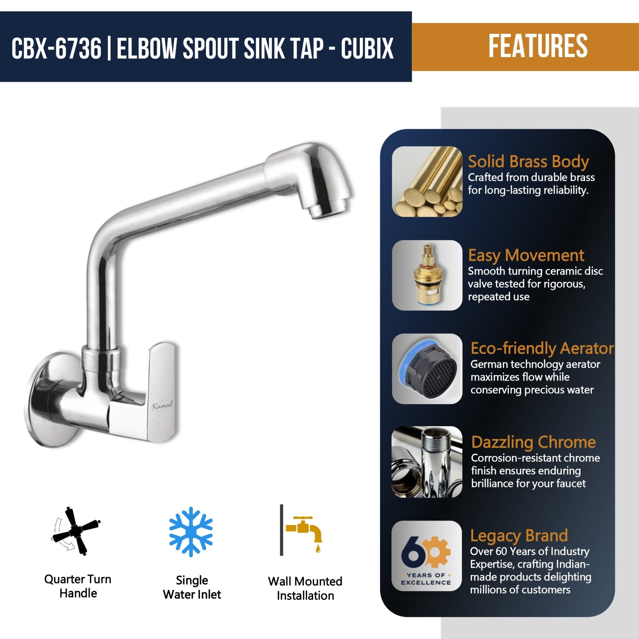 Cubix Sink Tap Elbow Spout (Full Brass) - by Kamal - Cubix - Kamal Bathware