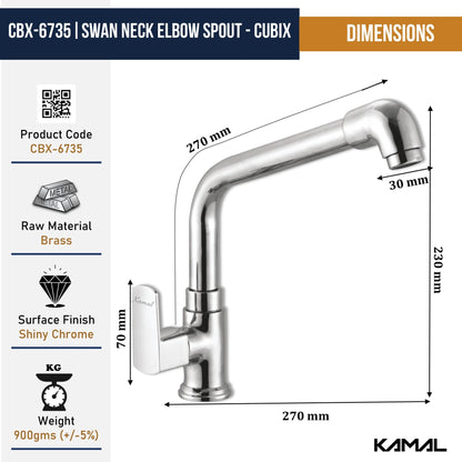 Cubix Swan Neck Elbow Spout (Full Brass) - by Kamal - Cubix Prime - Kamal Bathware