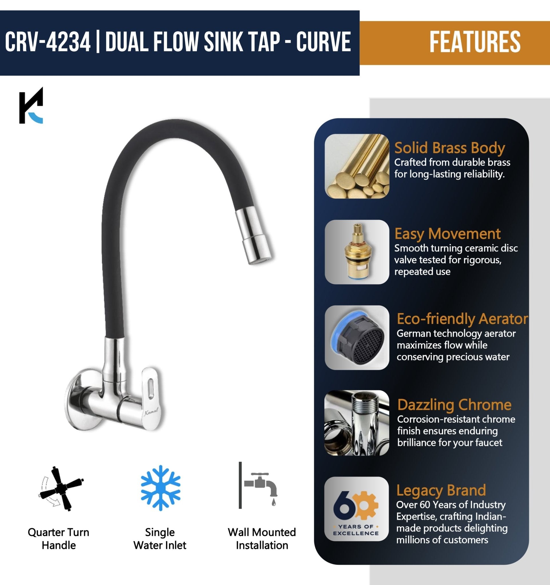 Curve Dual Flow Sink Tap – by Kamal - Curve - Kamal Bathware
