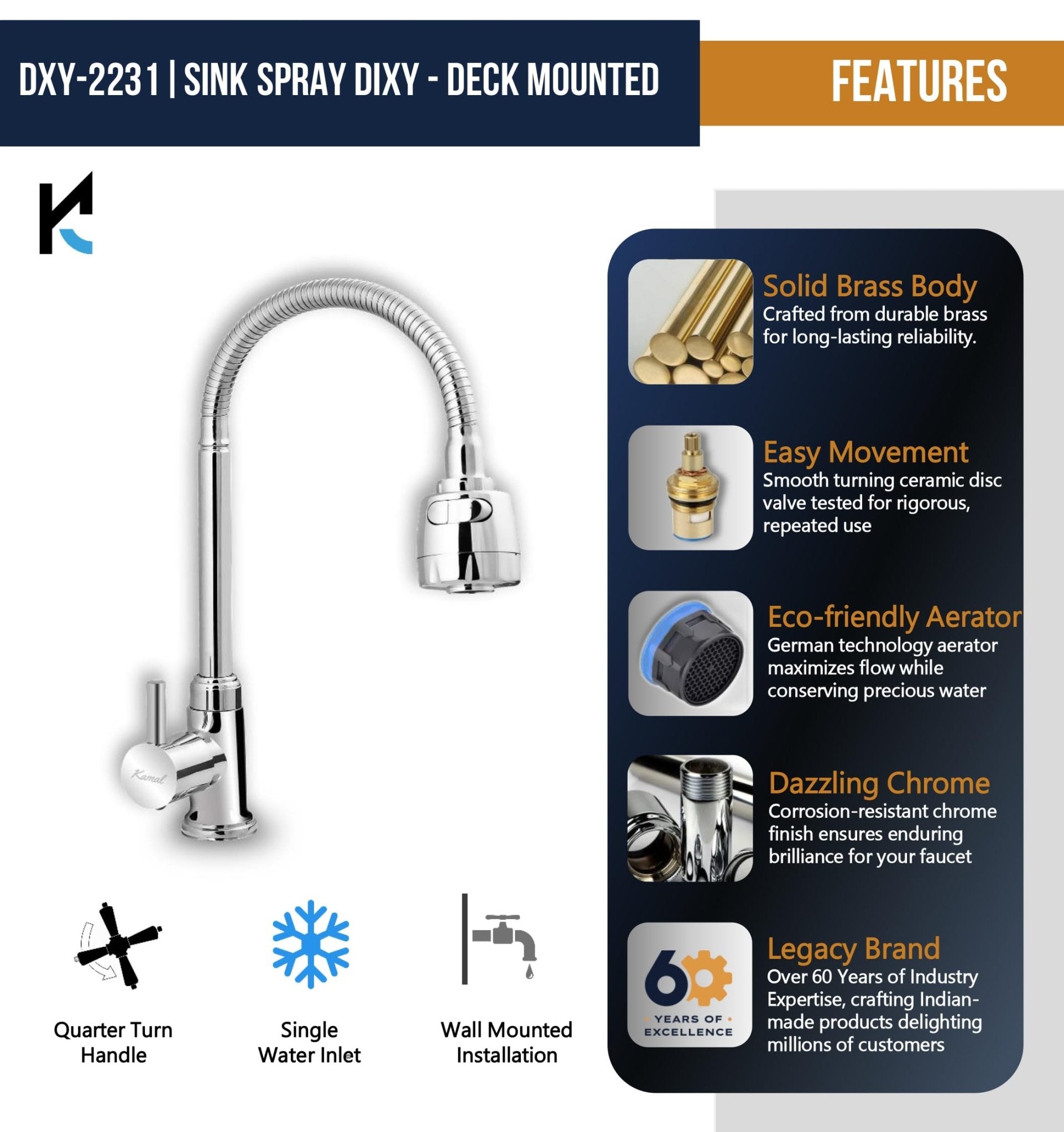 Dixy Brass Sink Spray (Brass & Silicone) - by Kamal - Kamal Bathware