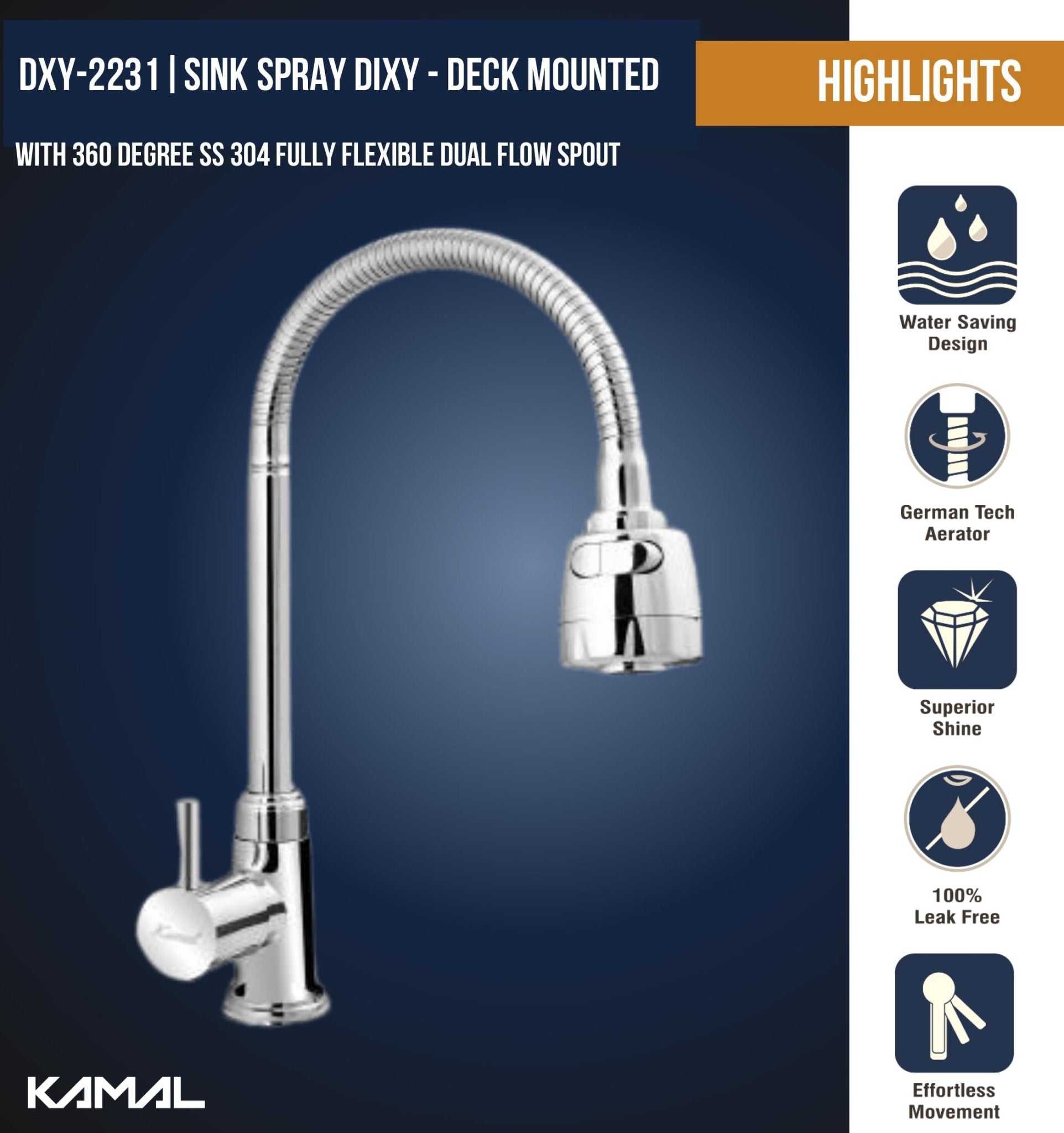 Dixy Brass Sink Spray (Brass & Silicone) - by Kamal - Kamal Bathware
