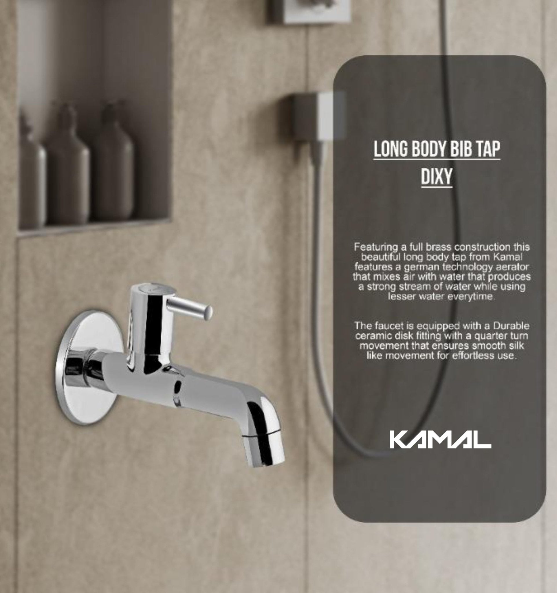 Dixy Long Body Bib Tap with Wall Flange (Full Brass) - by Kamal - Kamal Bathware