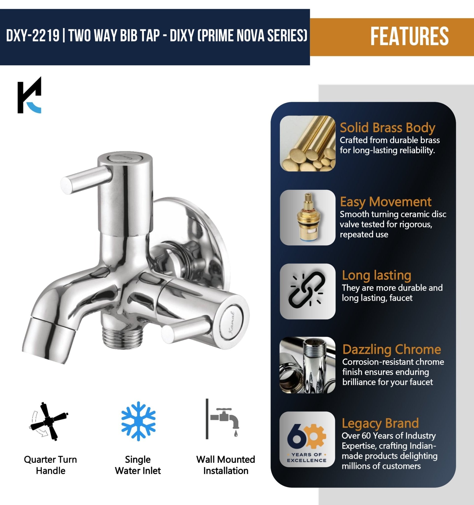 Dixy Prime Nova Series Two Way Bib Tap (Full Brass) - by Kamal - Dixy Prime Nova - Kamal Bathware