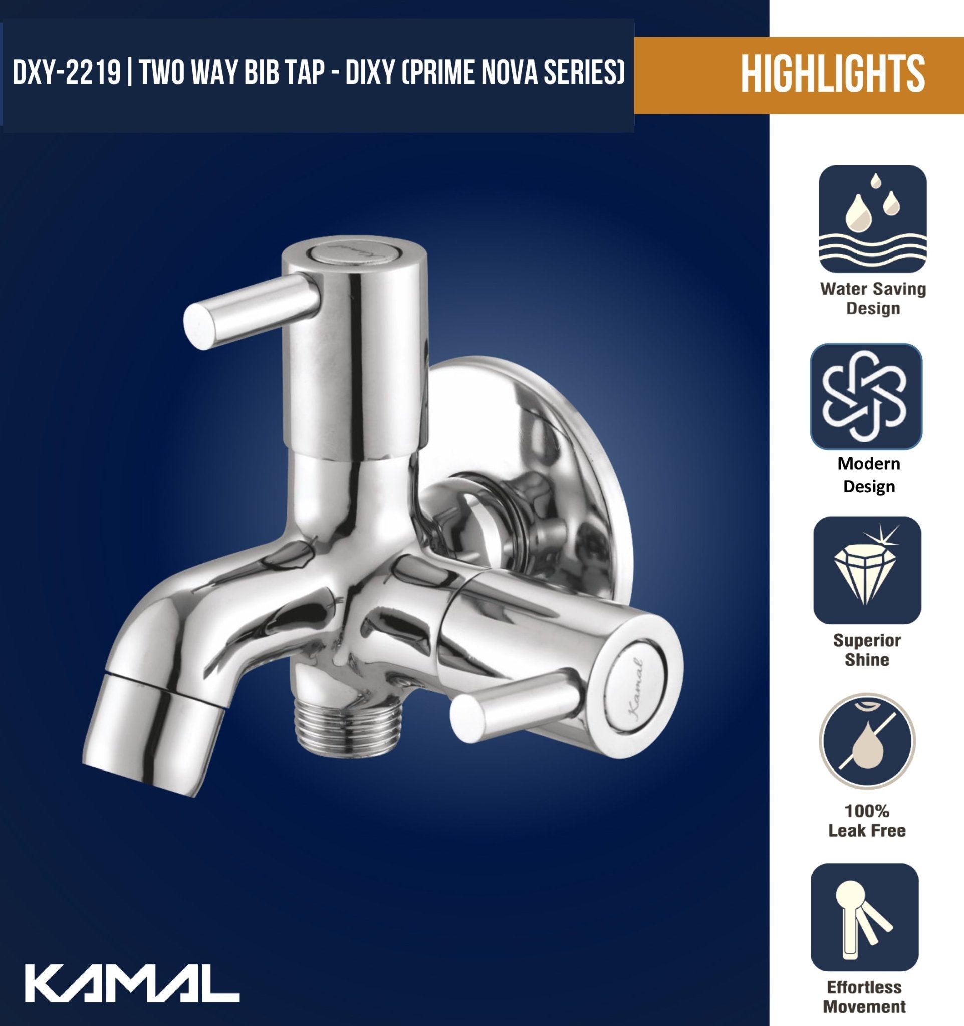 Dixy Prime Nova Series Two Way Bib Tap (Full Brass) - by Kamal - Dixy Prime Nova - Kamal Bathware