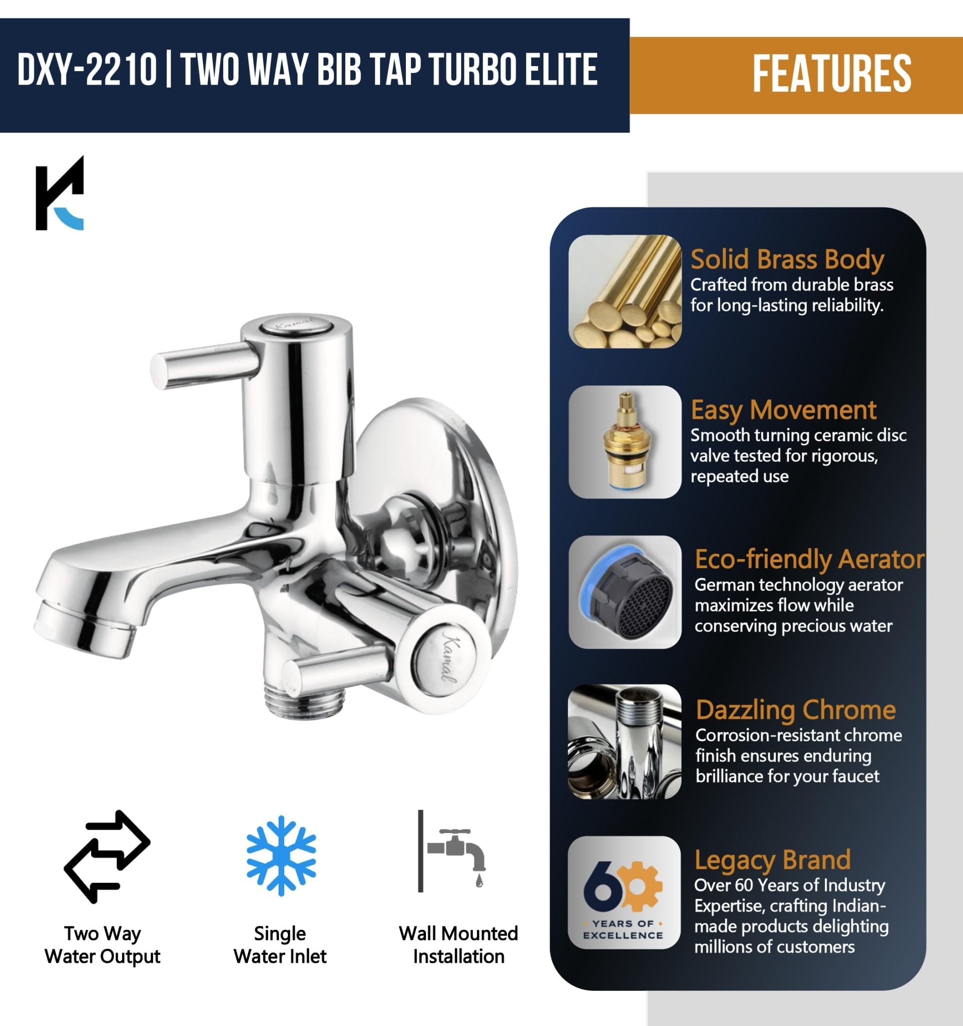 Dixy Two Way Bib Tap (Full Brass) - by Kamal - Dixy - Kamal Bathware