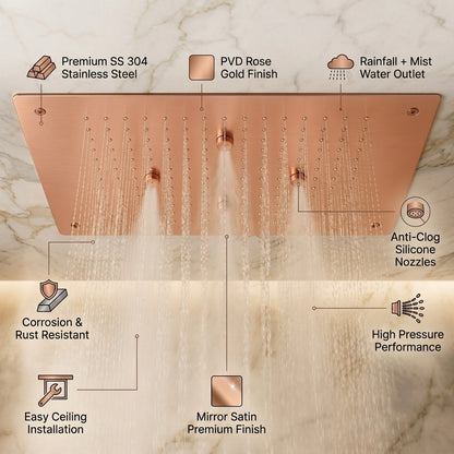 KAMAL 19 × 13 Inch Luxury Ceiling Mounted Rain Shower | SS 304 | Rain + Mist | PVD Rose Gold