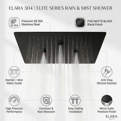 KAMAL 19 × 13 Inch Luxury Ceiling Mounted  Shower | SS 304 | Rain + Mist  Matte Black
