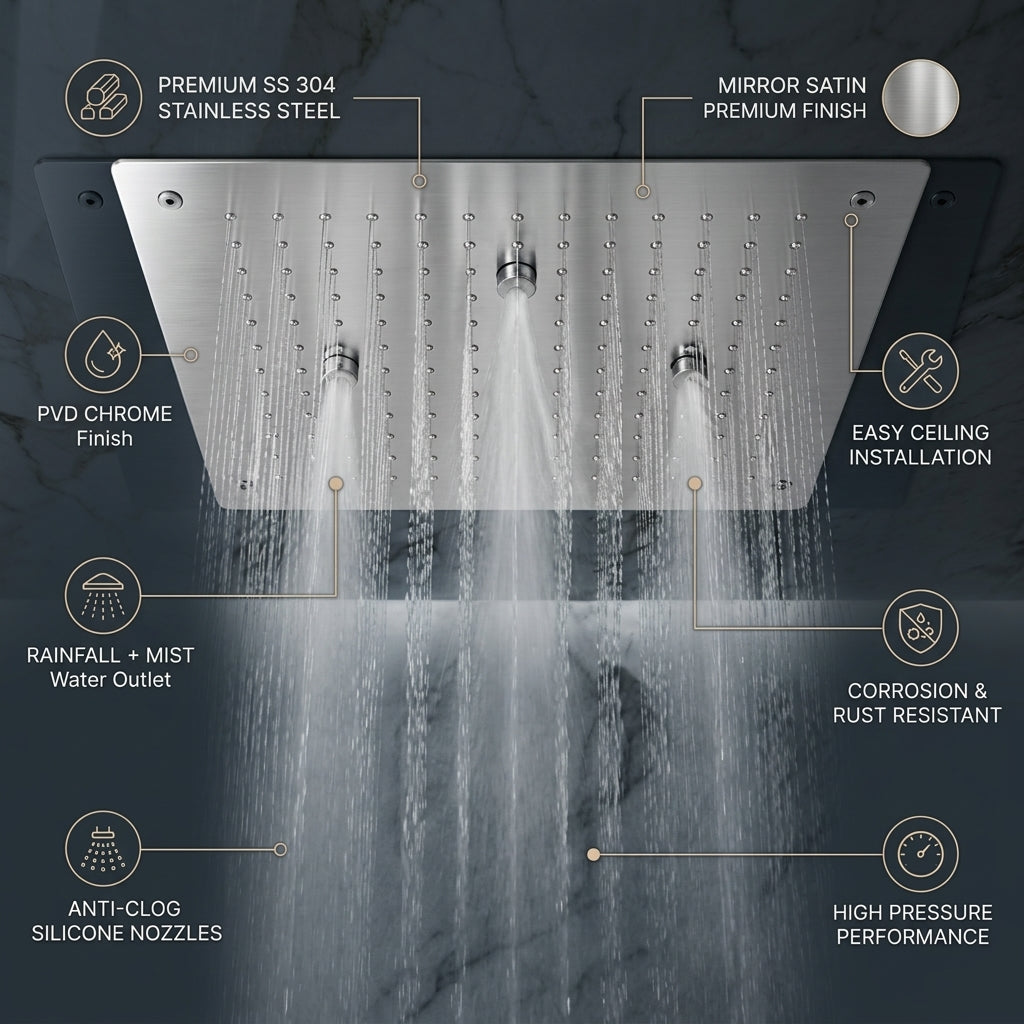 KAMAL 19 × 13 Inch Luxury Ceiling Mounted  Shower | SS 304 | Rain + Mist Chrome
