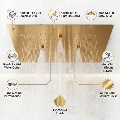 KAMAL 19 × 13 Inch Luxury Ceiling Mounted  Shower | SS 304 | Rain + Mist PVD Bright Gold
