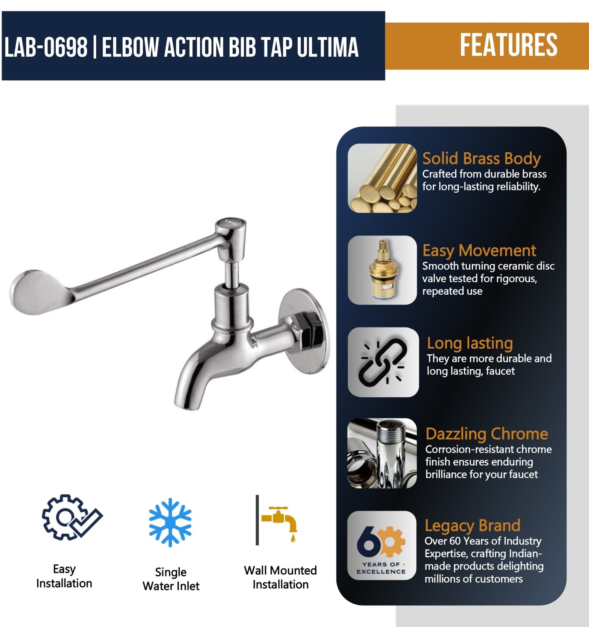 Eco Elbow Action Bib Tap Faucet (Full Brass) - by Kamal - Elbow Action - Kamal Bathware