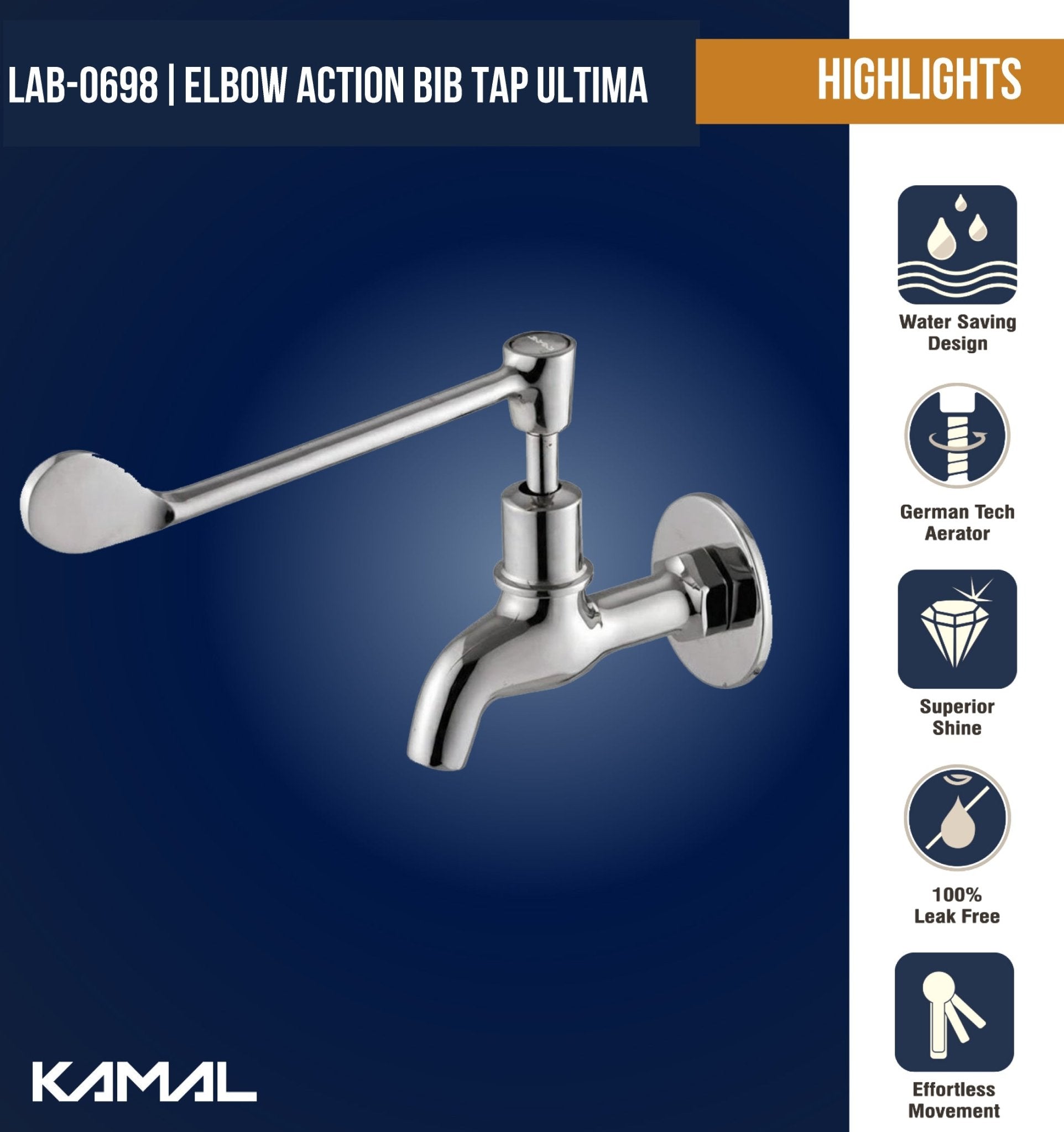 Eco Elbow Action Bib Tap Faucet (Full Brass) - by Kamal - Elbow Action - Kamal Bathware