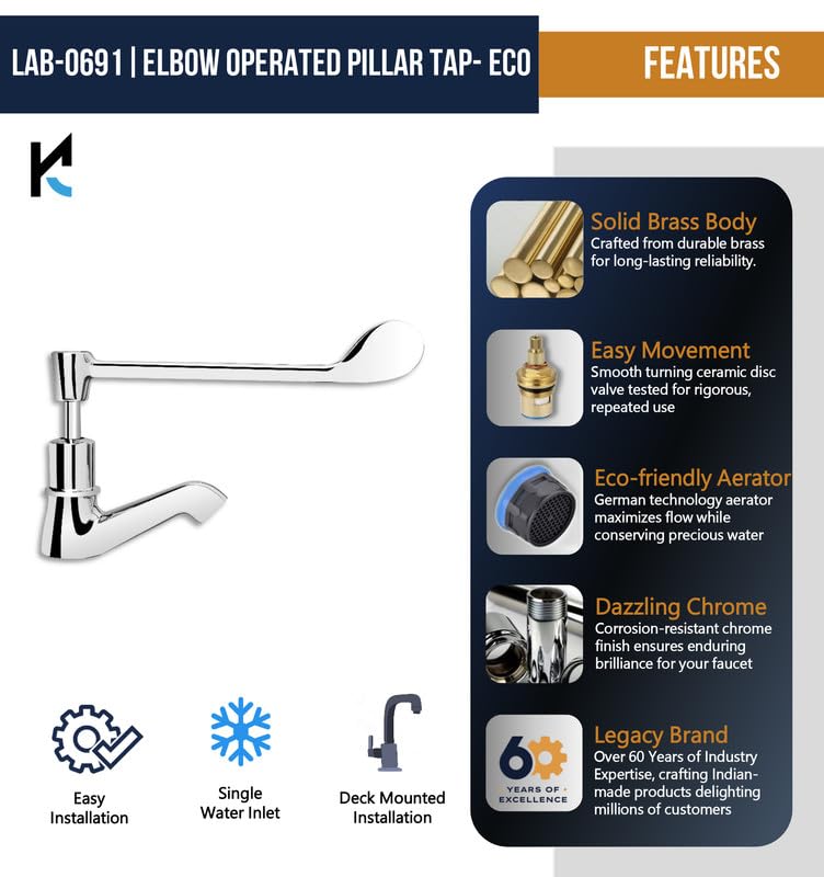 Elbow Action Pillar Tap Faucet (Full Brass) - by Kamal - Kamal Bathware