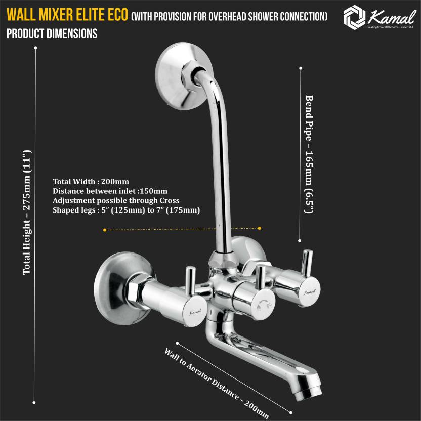 Elite Eco Wall Mixer with L Bend Pipe (Full Brass) - by Kamal - Elite - Kamal Bathware