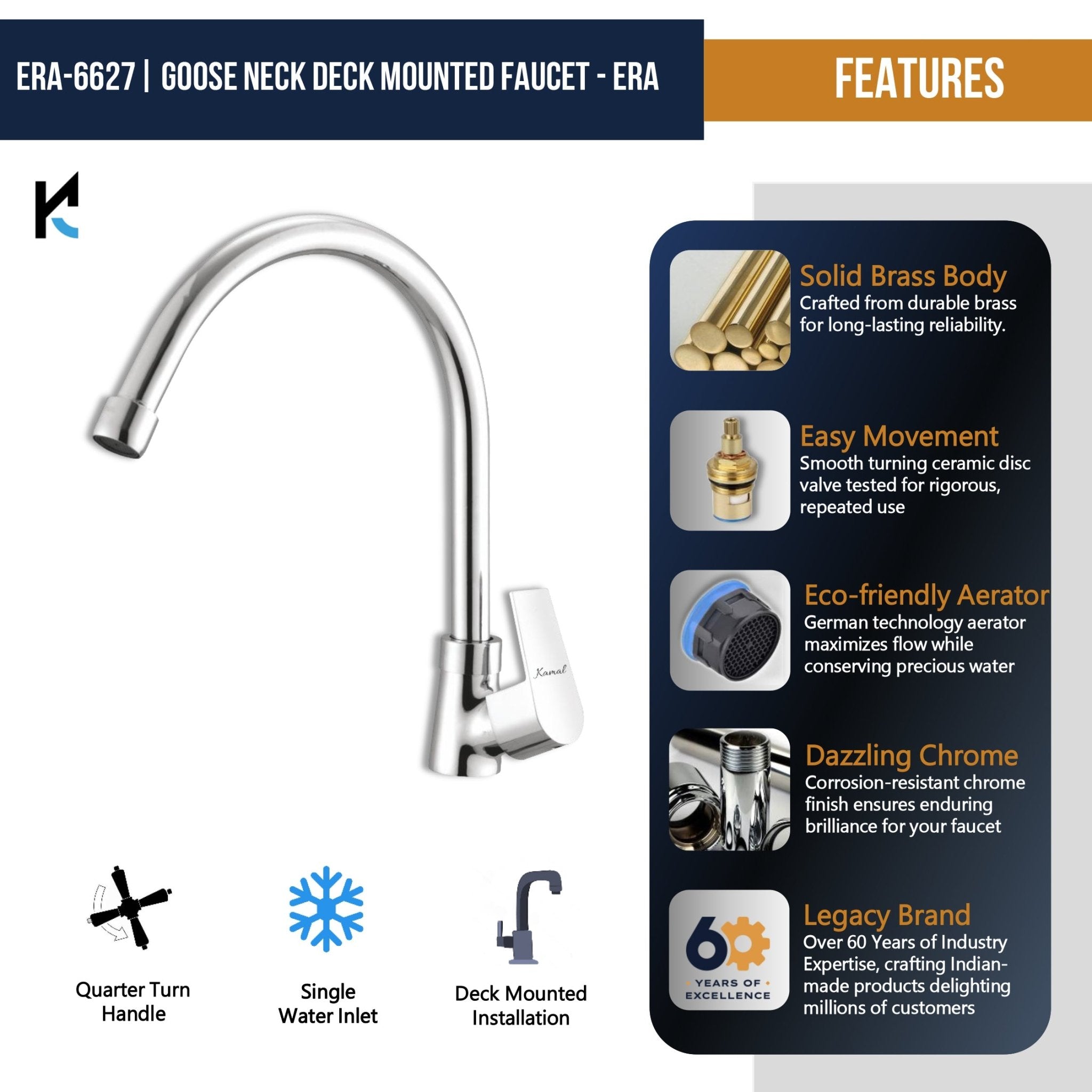 Era C - Bend Spout Gosseneck Sink Faucet (Full Brass) - by Kamal - Era - Kamal Bathware