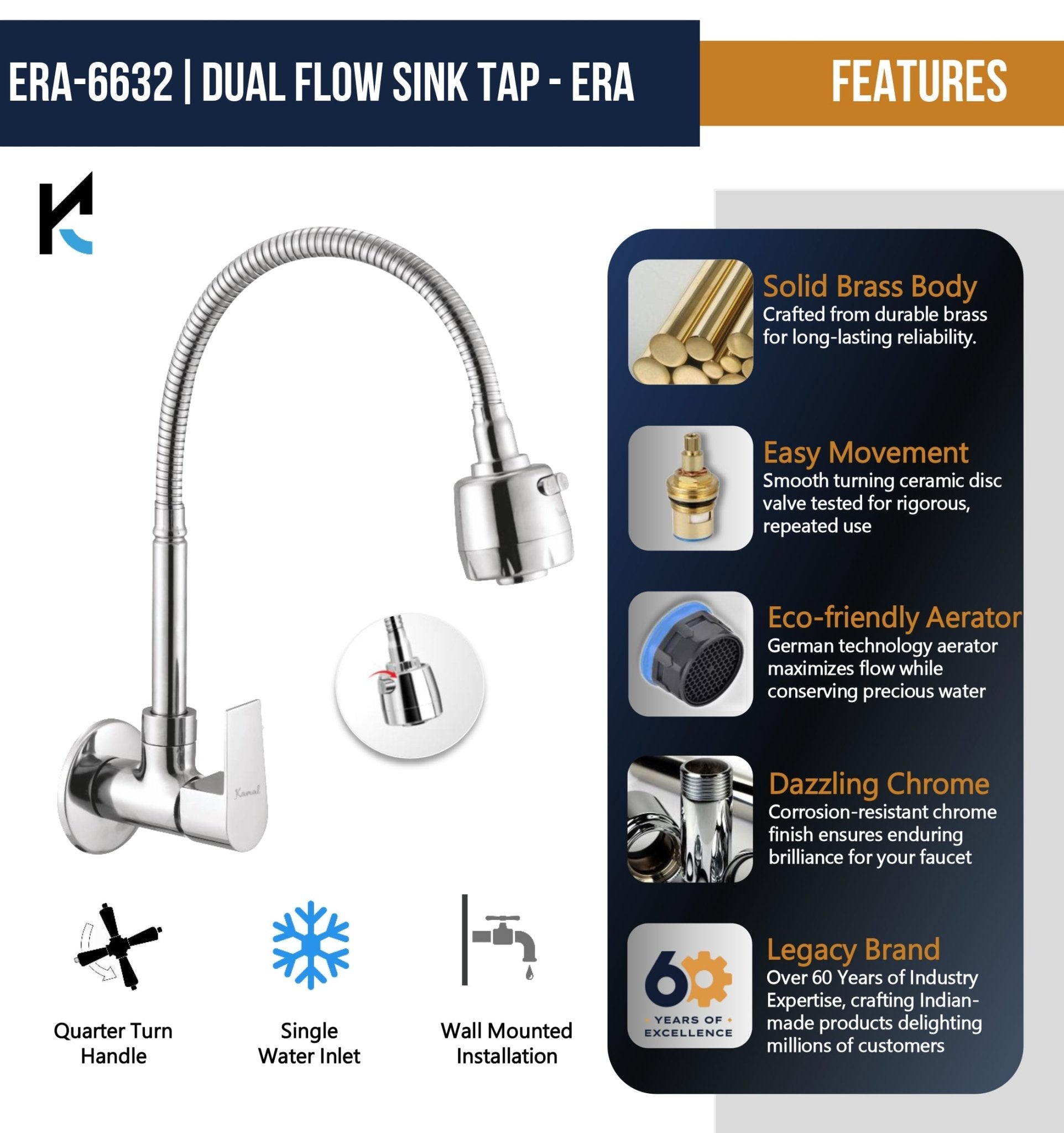 Era Dual Flow Heavy Brass Body Sink Tap - by Kamal - Era - Kamal Bathware