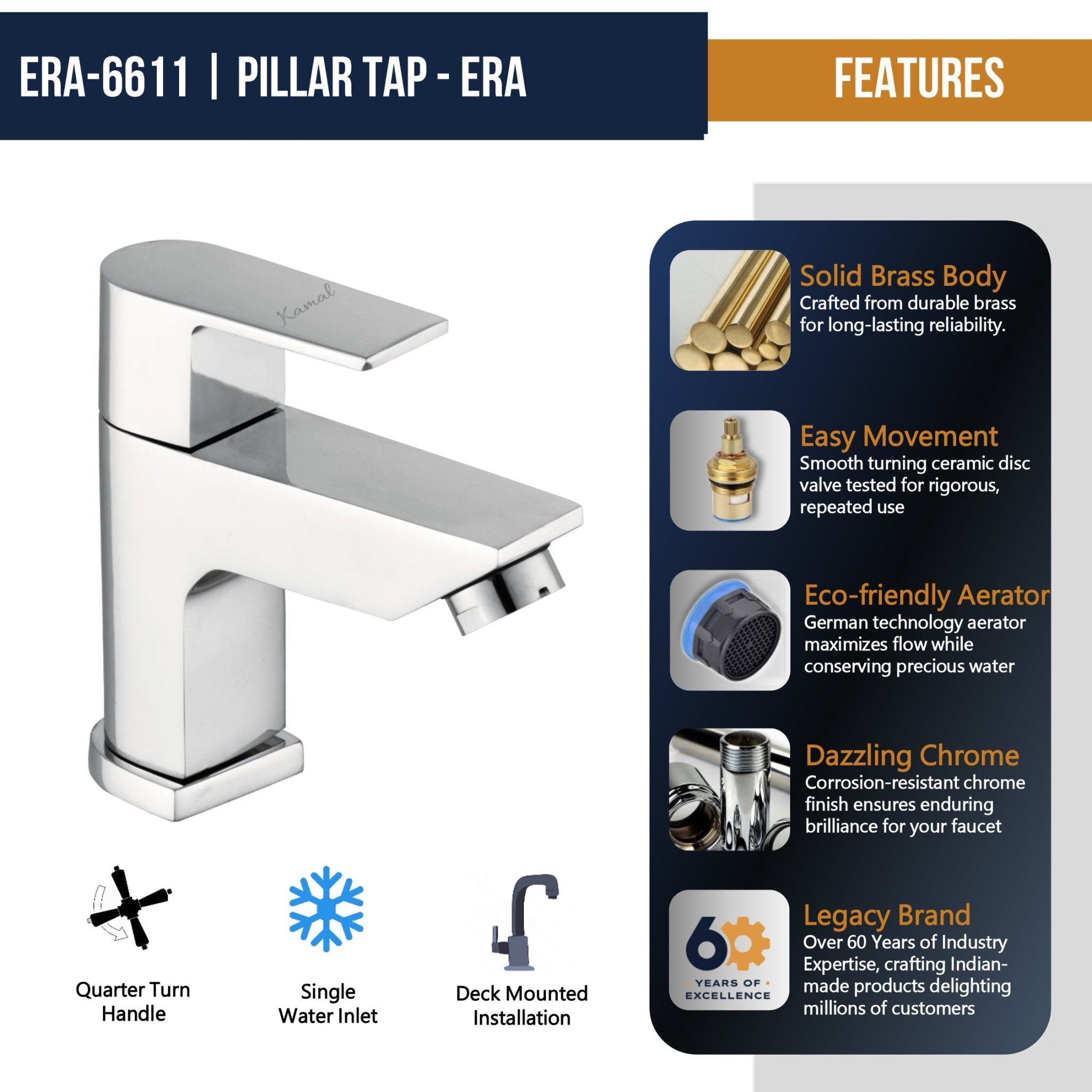 Era Full Brass Pillar Tap (Full Brass) - by Kamal - Era - Kamal Bathware