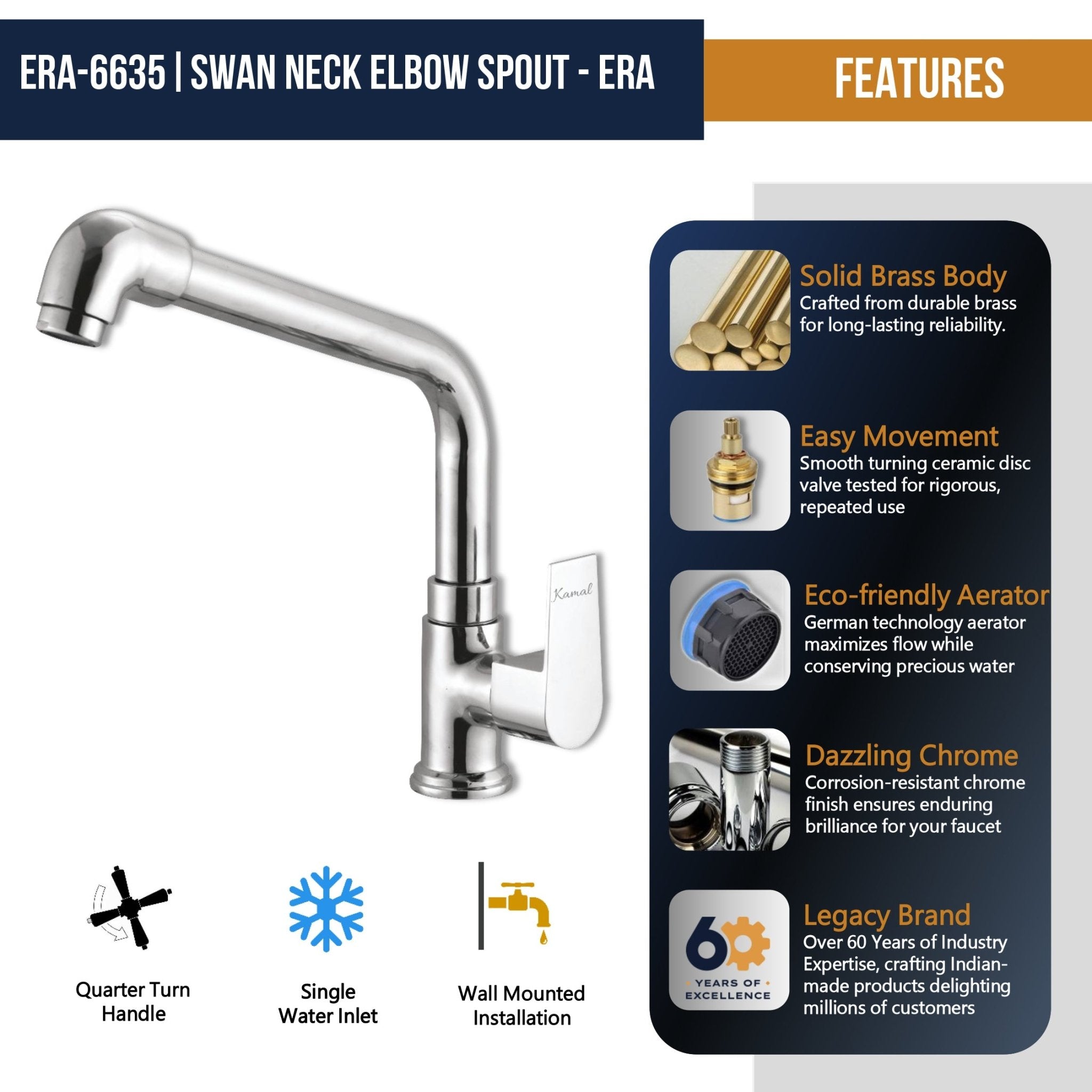 Era Swan Neck Elbow Spout (Full Brass) - by Kamal - Era - Kamal Bathware