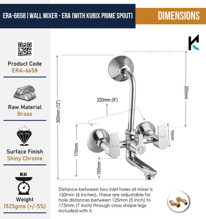 Era Wall Mixer Kubix Prime Spout Long L Bend Pipe (Full Brass) - by Kamal - Era - Kamal Bathware