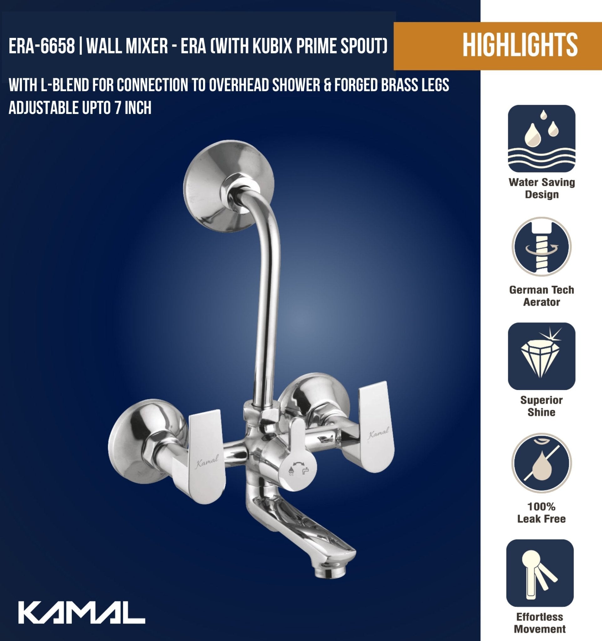 Era Wall Mixer Kubix Prime Spout Long L Bend Pipe (Full Brass) - by Kamal - Era - Kamal Bathware