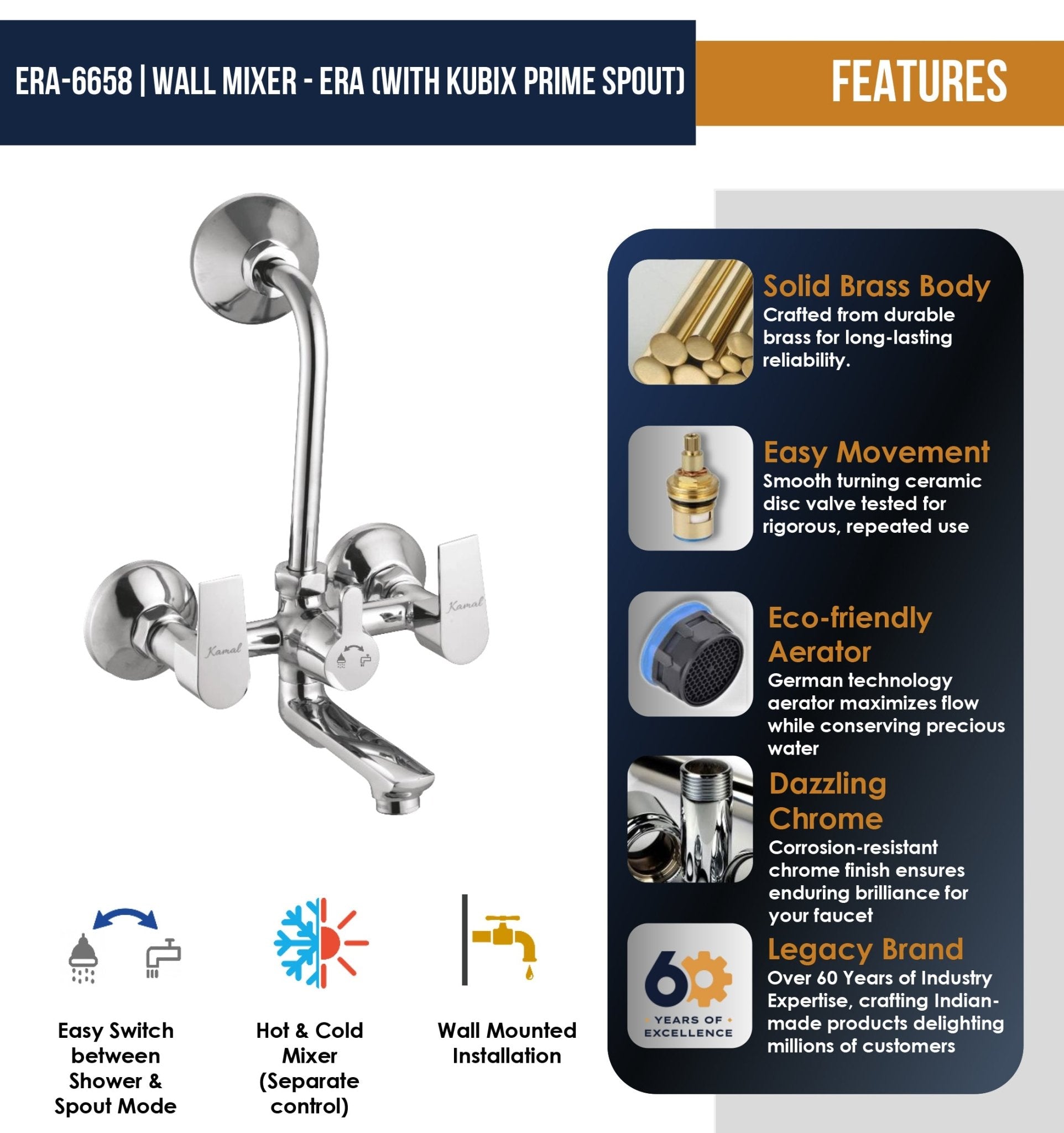 Era Wall Mixer Kubix Prime Spout Long L Bend Pipe (Full Brass) - by Kamal - Era - Kamal Bathware