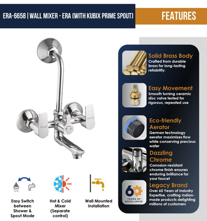 Era Wall Mixer Kubix Prime Spout Long L Bend Pipe (Full Brass) - by Kamal - Era - Kamal Bathware