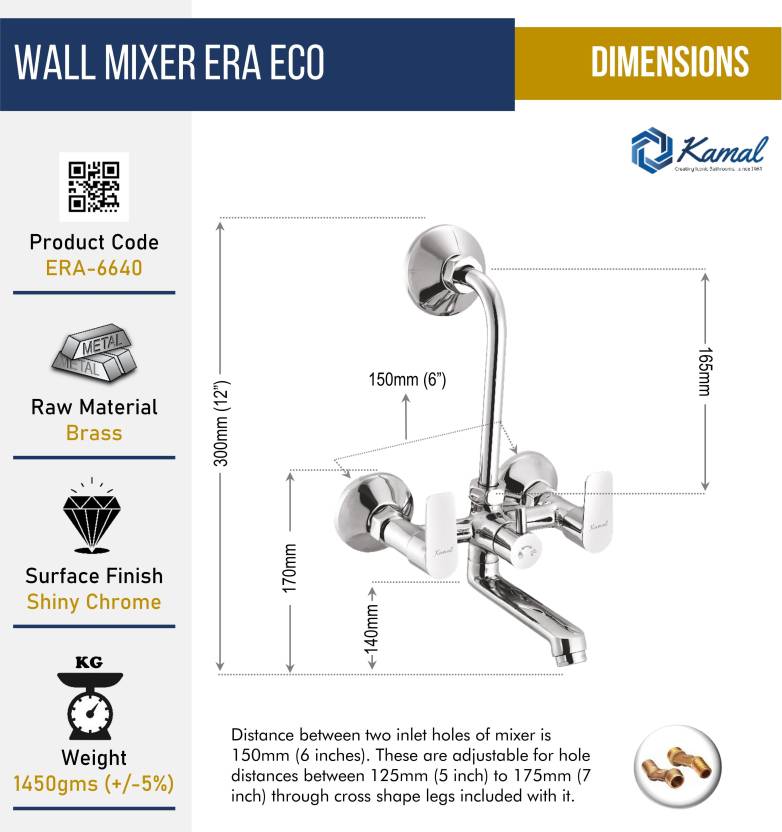 Era Wall Mixer with L Bend Pipe (Full Brass) - by Kamal - Era - Kamal Bathware