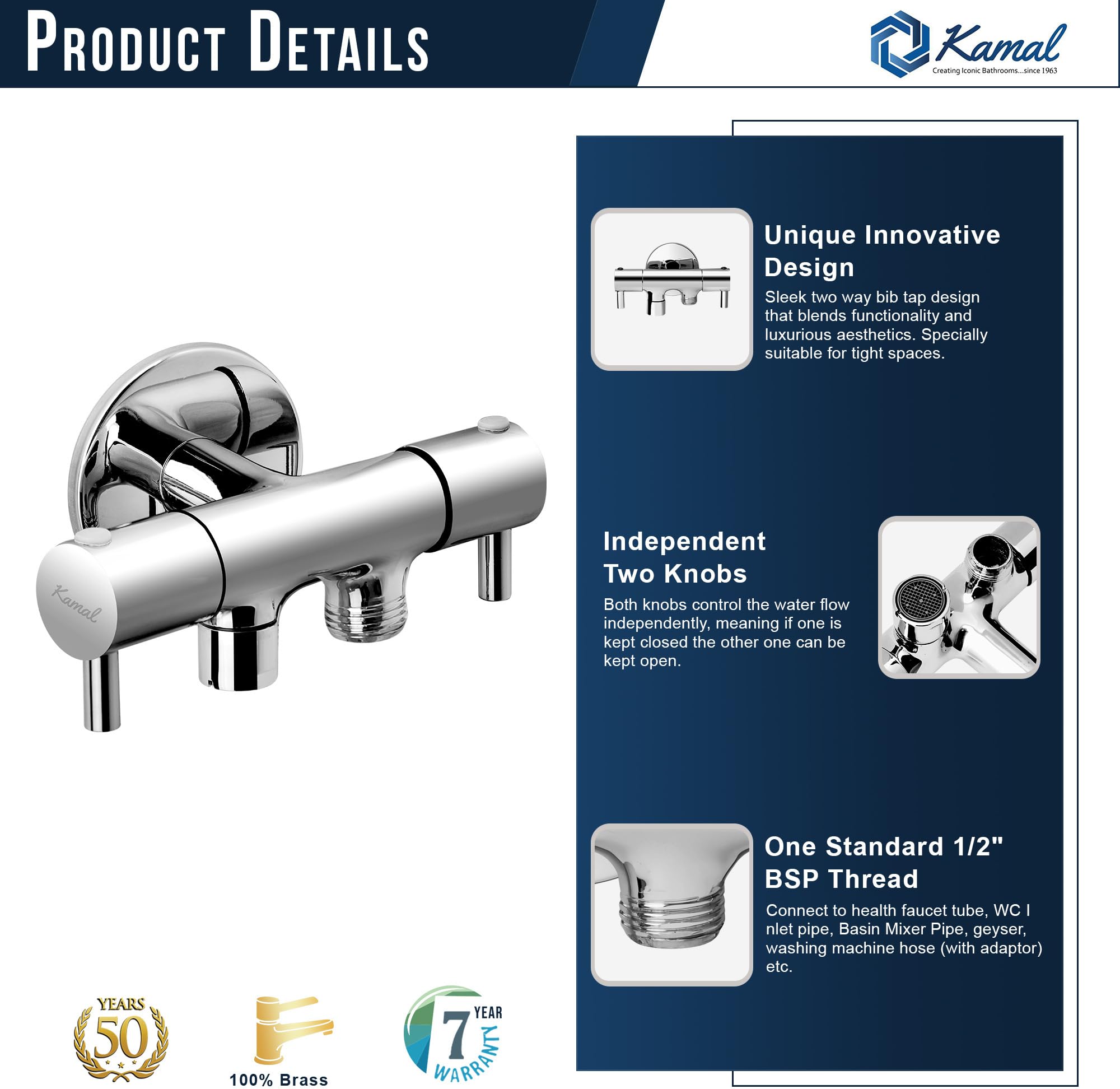 Ertiga Two Way Bib Tap (Full Brass) - by Kamal - Kamal Bathware