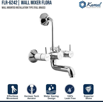 Flora Brass Wall Mixer with L Bend Pipe (Full Brass) - by Kamal - Flora - Kamal Bathware