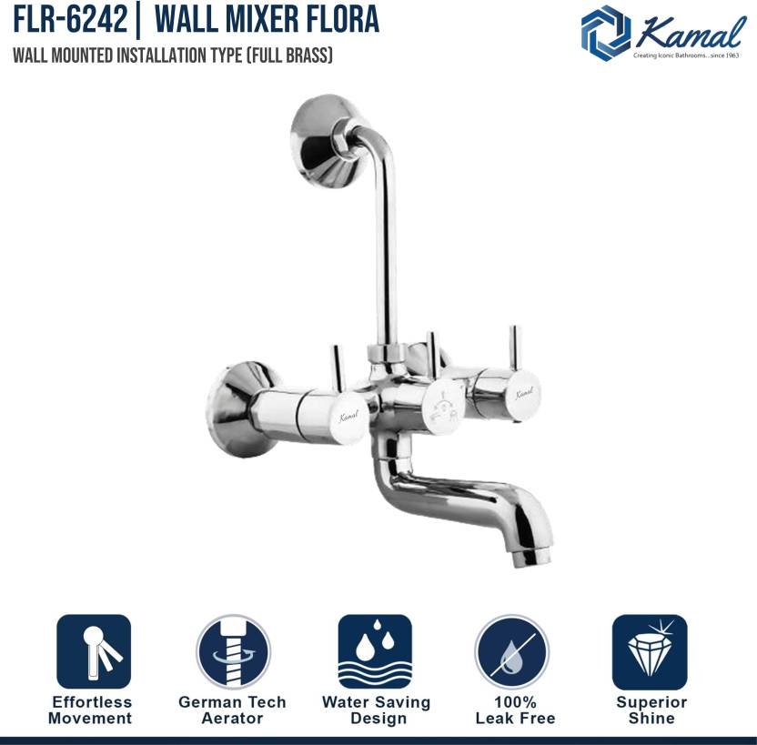 Flora Brass Wall Mixer with L Bend Pipe (Full Brass) - by Kamal - Flora - Kamal Bathware