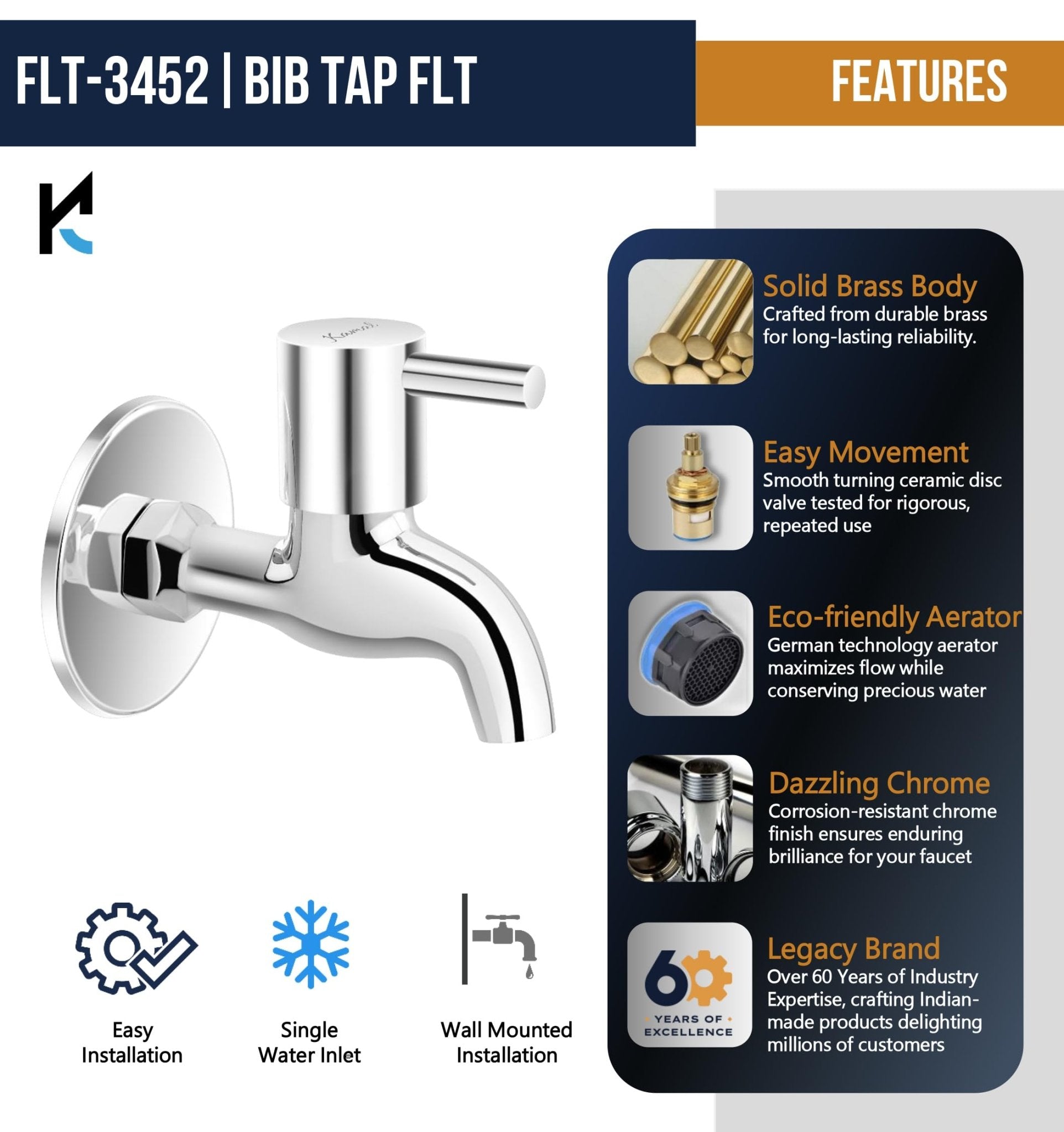 FLT Bib Tap (Full Brass) - by Kamal - Kamal Bathware