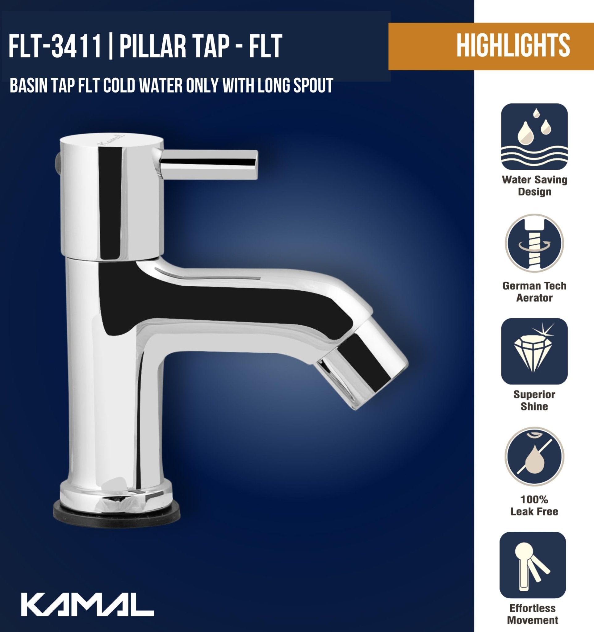 FLT Full Brass Basin Pillar Tap (Full Brass) - by Kamal - Kamal Bathware