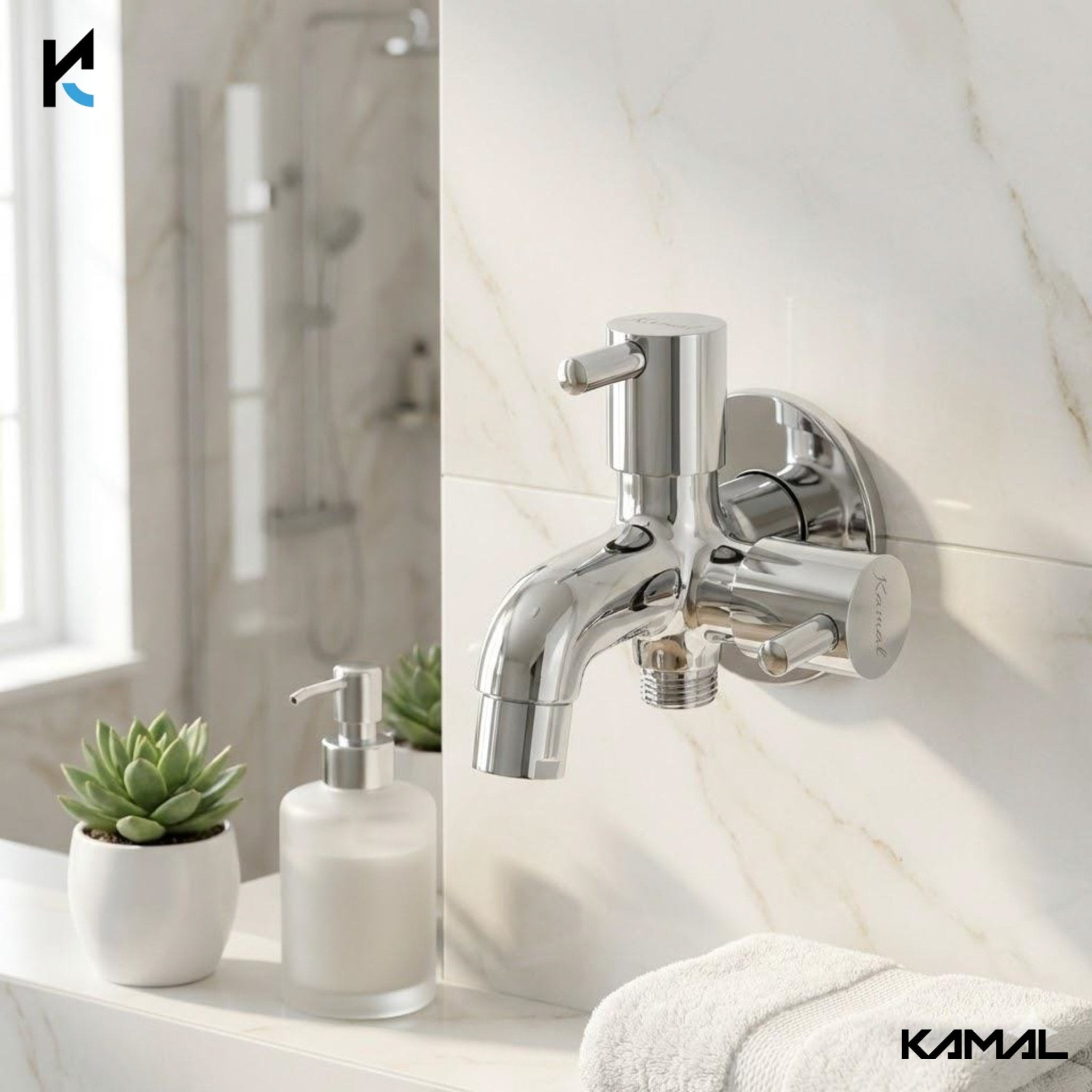 FLT Full Brass Two Way Bib Tap with Wall Flange (Full Brass) - by Kamal - FLT - Kamal Bathware