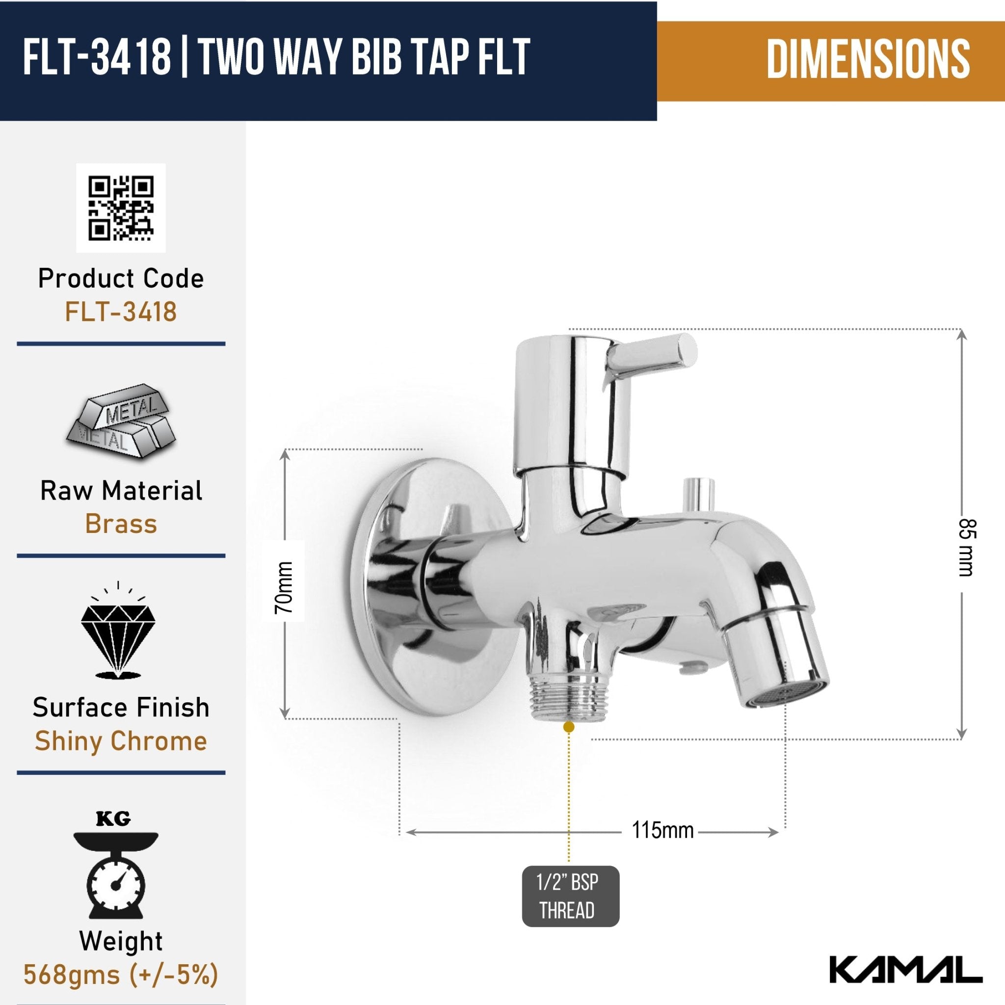 FLT Full Brass Two Way Bib Tap with Wall Flange (Full Brass) - by Kamal - FLT - Kamal Bathware