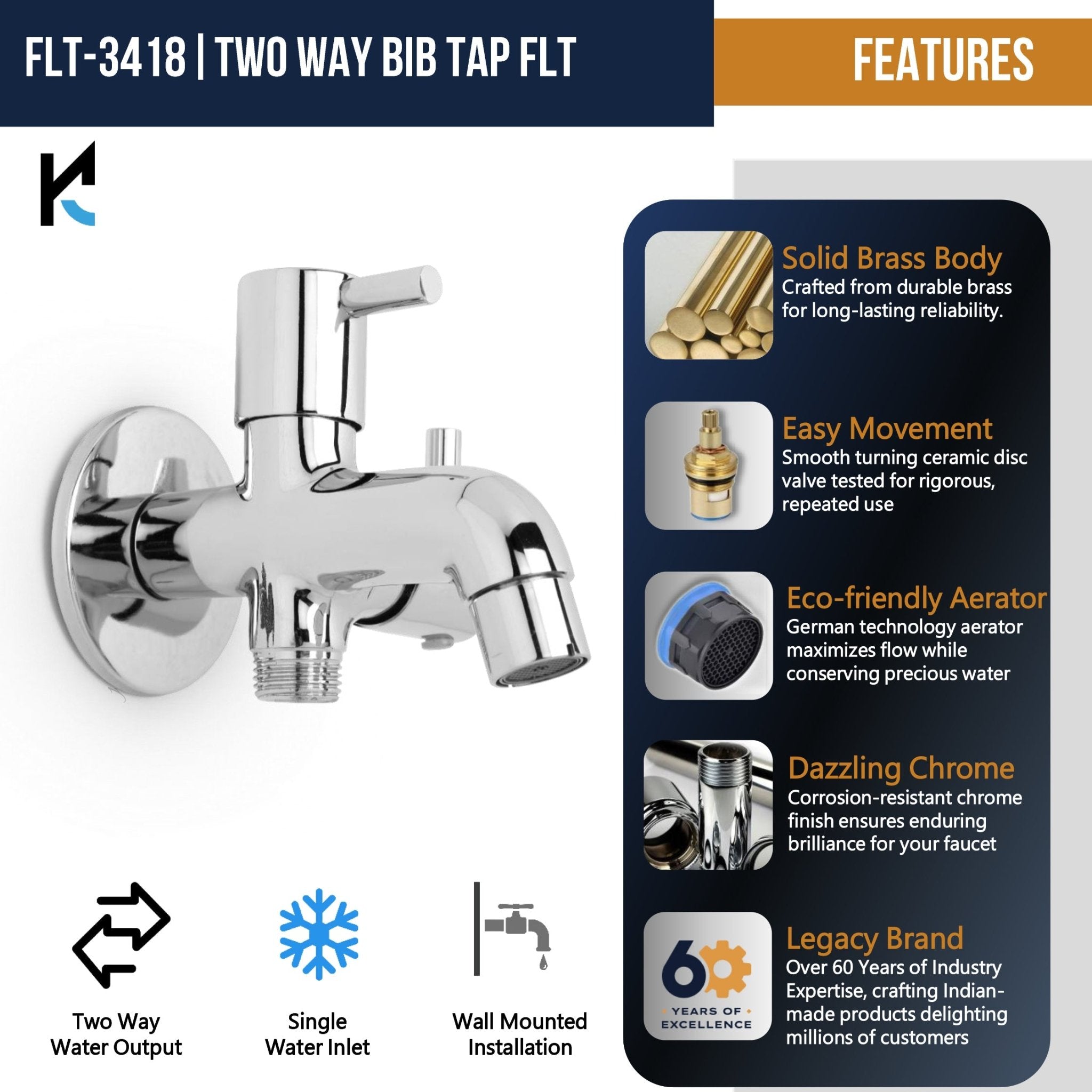 FLT Full Brass Two Way Bib Tap with Wall Flange (Full Brass) - by Kamal - FLT - Kamal Bathware