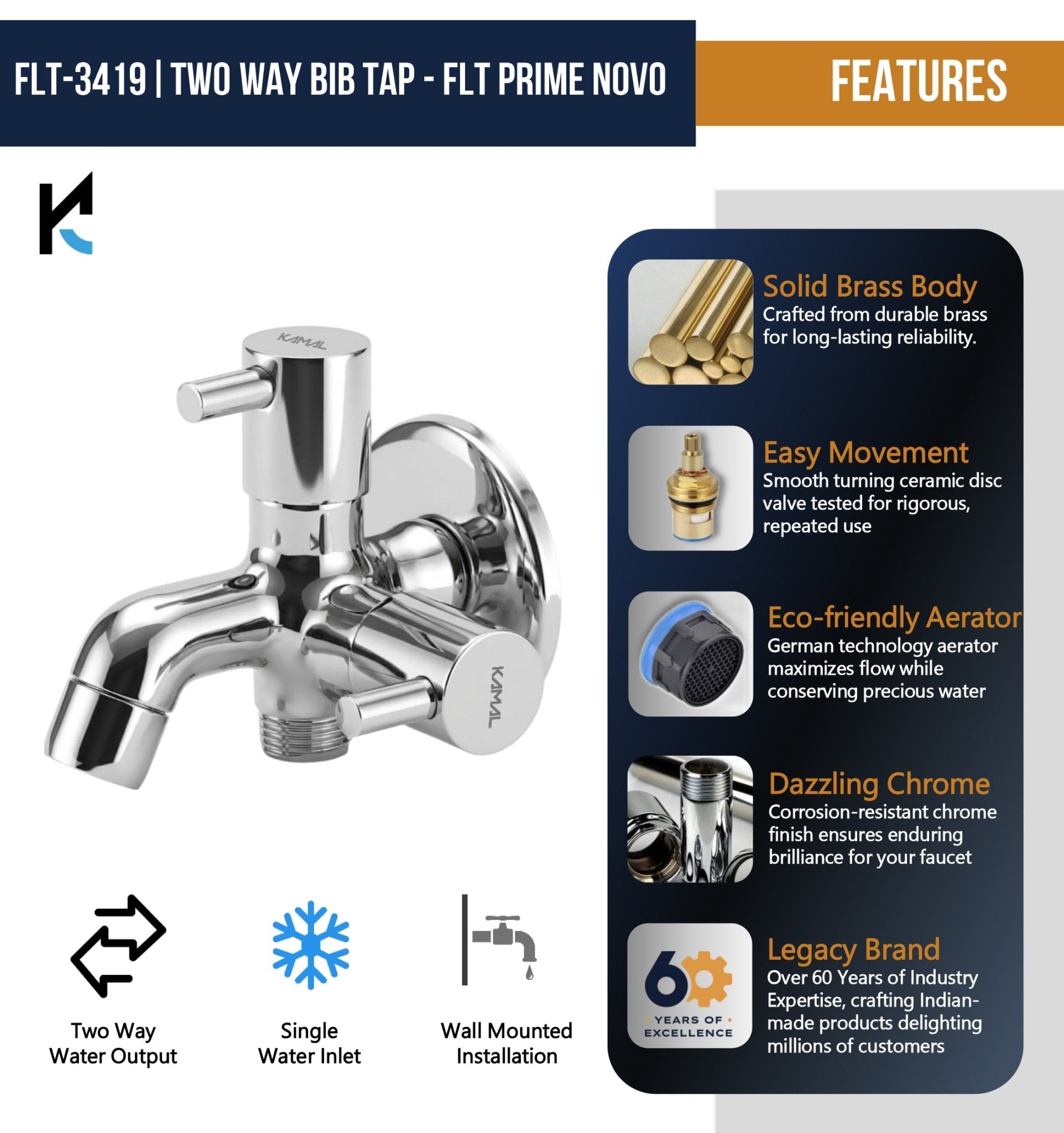 FLT Prime Novo Two Way Bib Tap (Full Brass) - by Kamal - FLT - Kamal Bathware