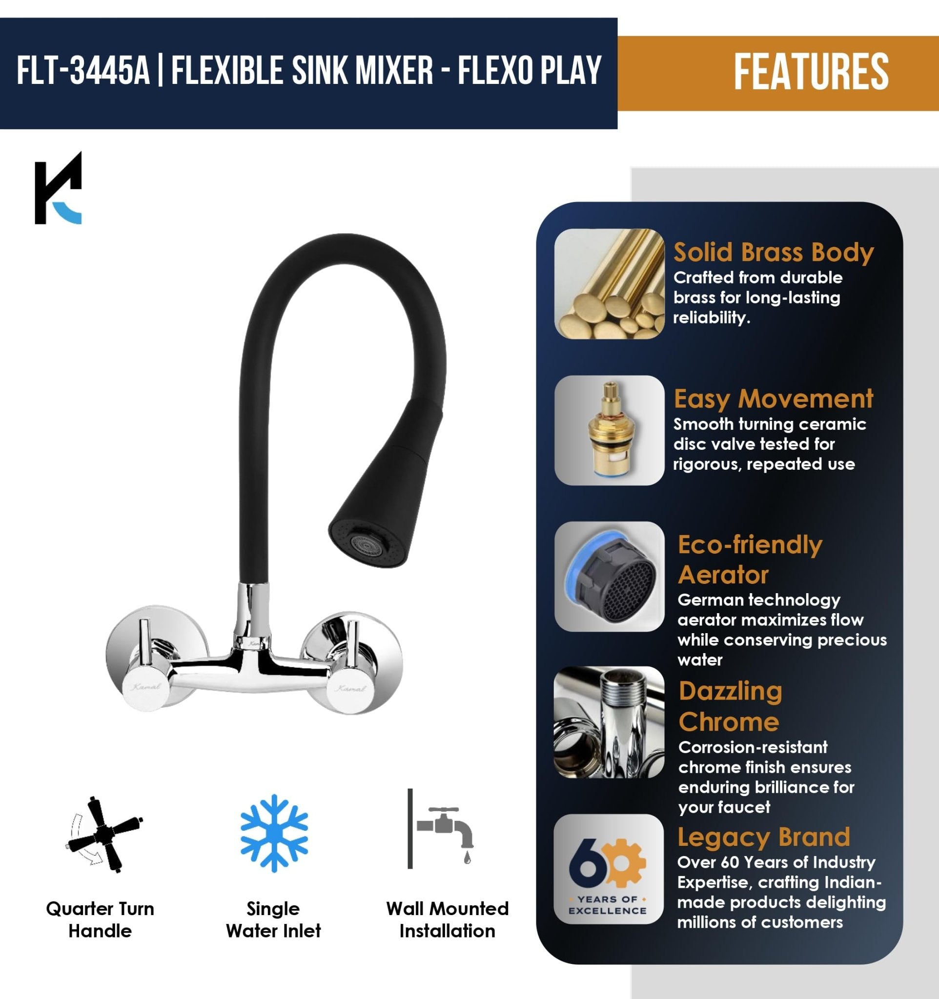 FLT Sink Mixer (Brass & Silicone) - by Kamal - FLT - Kamal Bathware