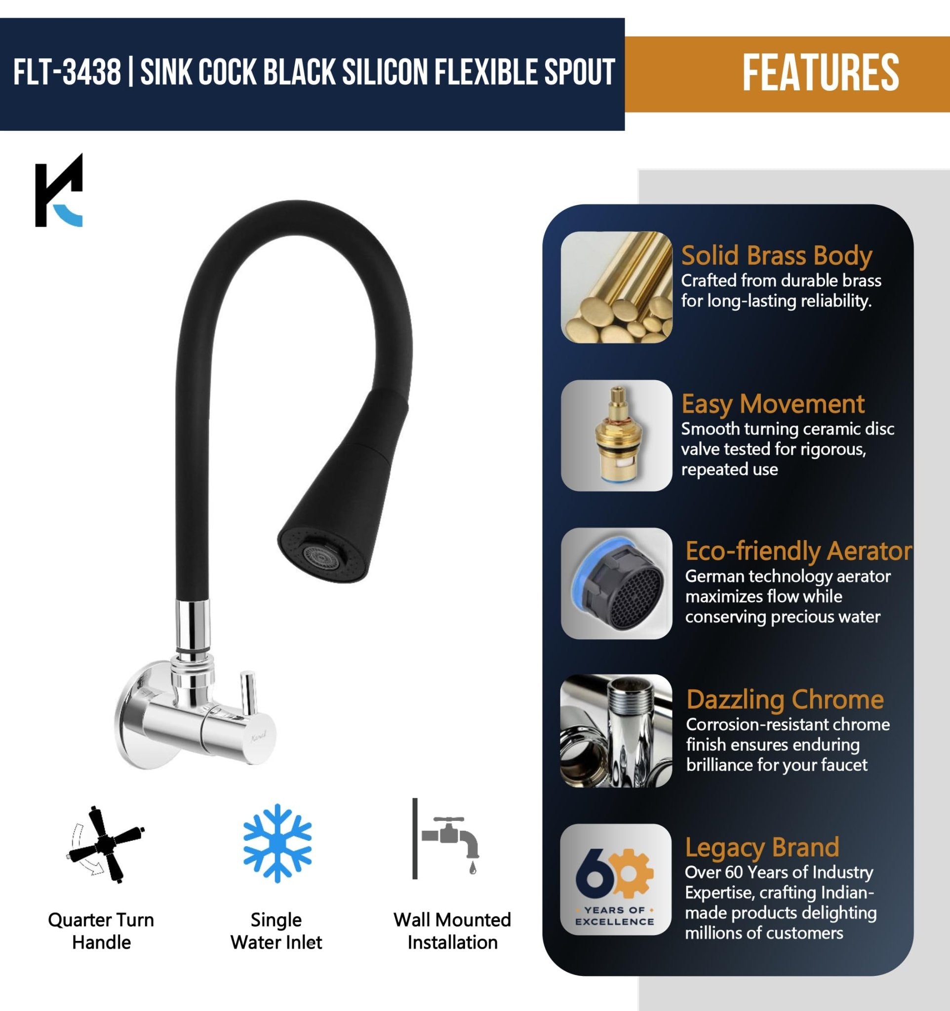 FLT Sink Tap (Brass & Silicone) - by Kamal - Kamal Bathware