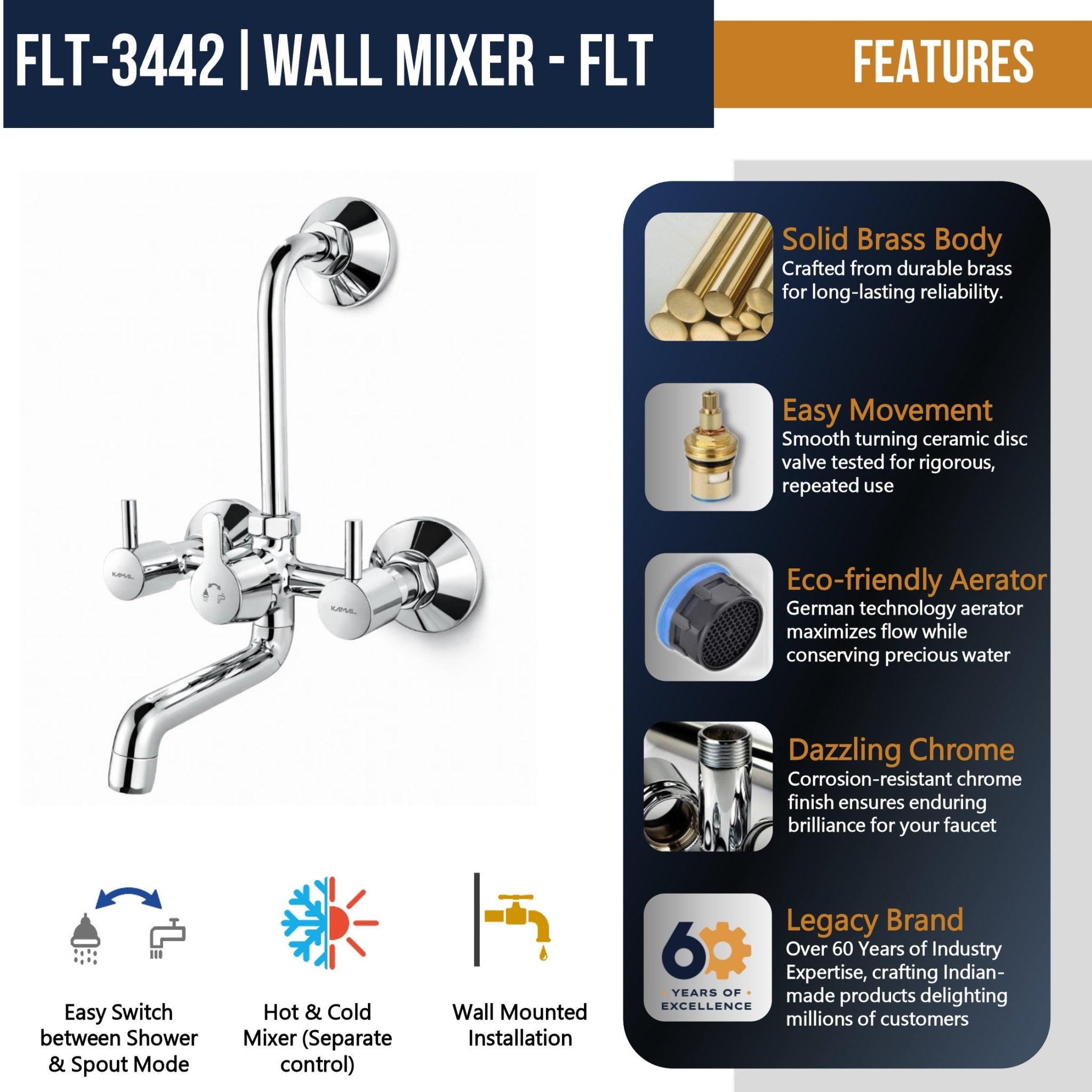 FLT Wall Mixer (Full Brass) - by Kamal - FLT - Kamal Bathware