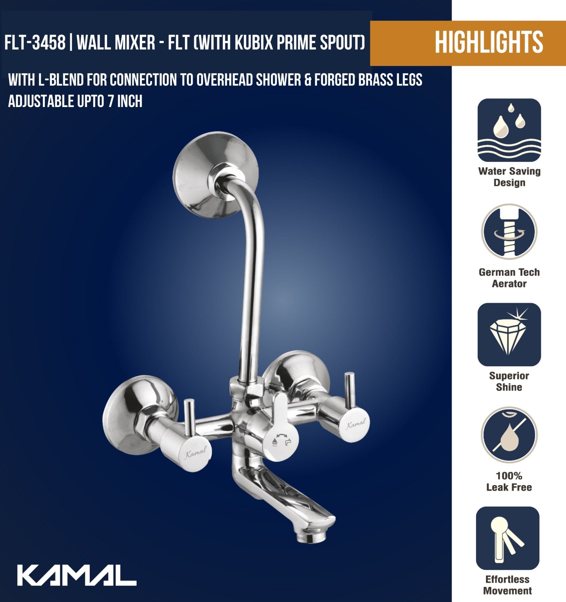 FLT Wall Mixer Kubix Prime Spout Long L Bend Pipe (Full Brass) - by Kamal - FLT - Kamal Bathware