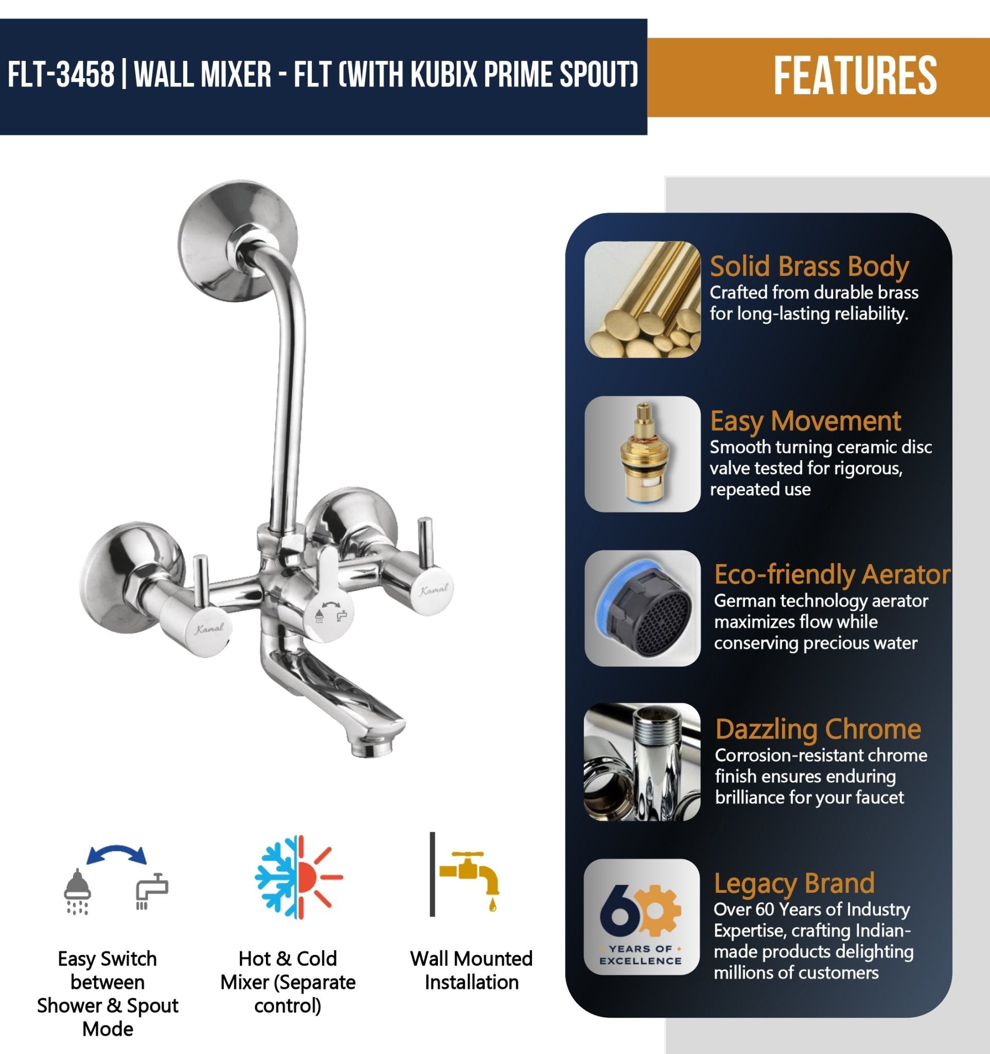 FLT Wall Mixer Kubix Prime Spout Long L Bend Pipe (Full Brass) - by Kamal - FLT - Kamal Bathware