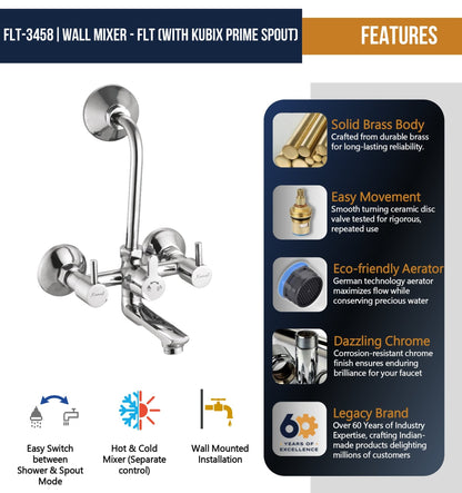 FLT Wall Mixer Kubix Prime Spout Long L Bend Pipe (Full Brass) - by Kamal - FLT - Kamal Bathware