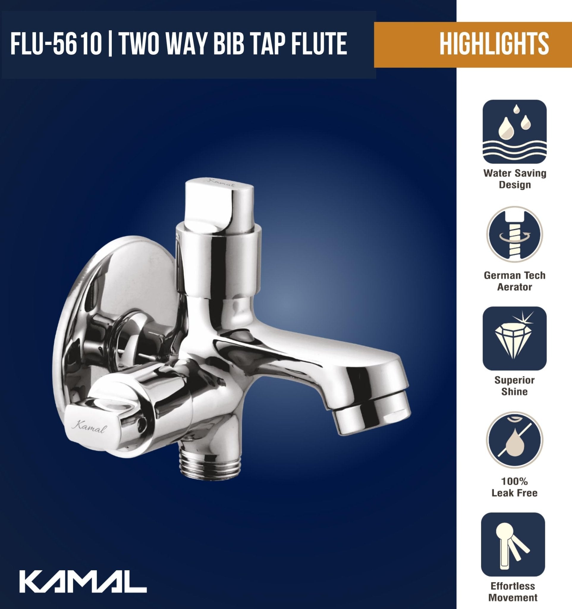 Flute Two Way Bib Tap (Full Brass) - by Kamal - Flute - Kamal Bathware