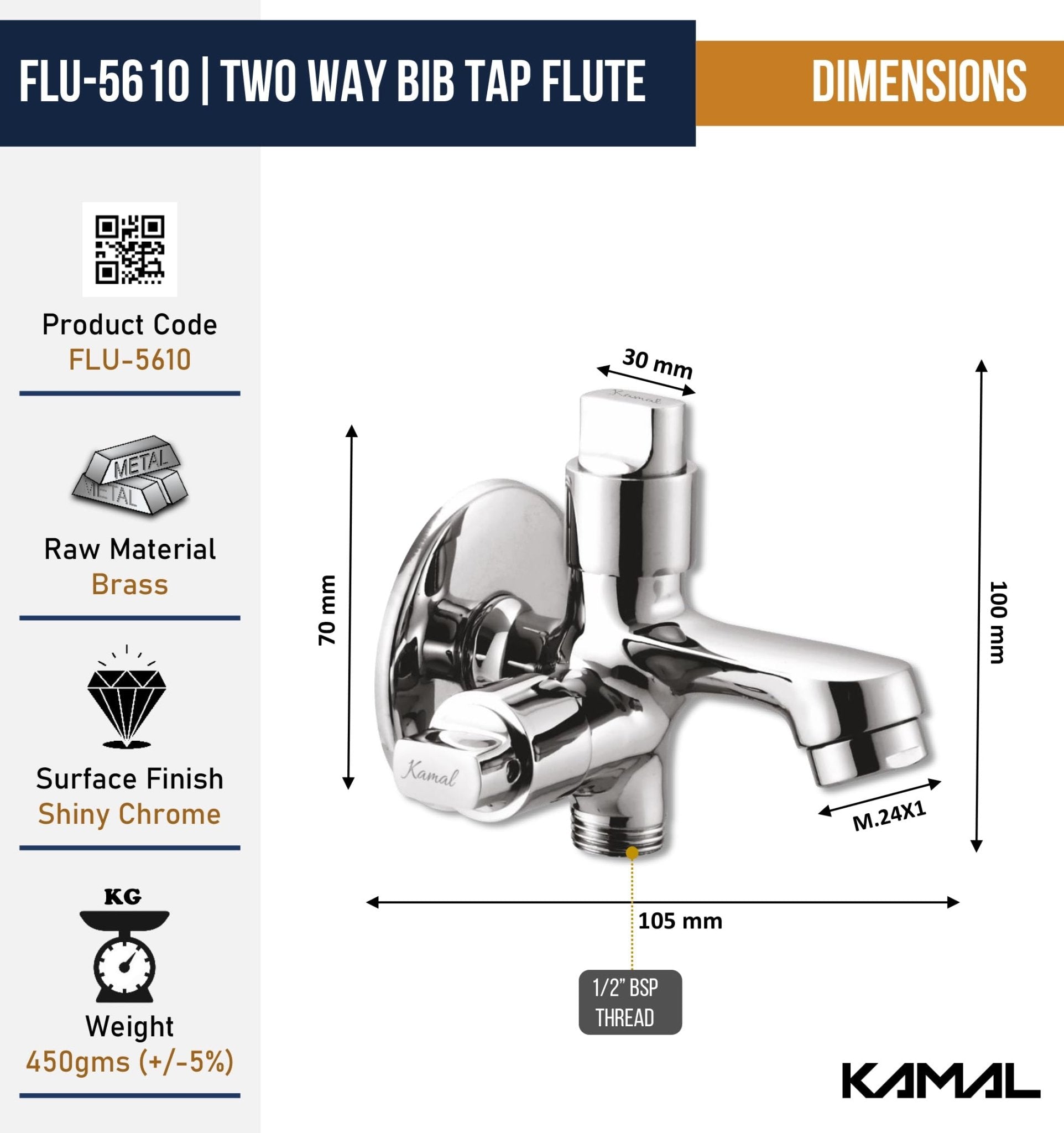 Flute Two Way Bib Tap (Full Brass) - by Kamal - Flute - Kamal Bathware