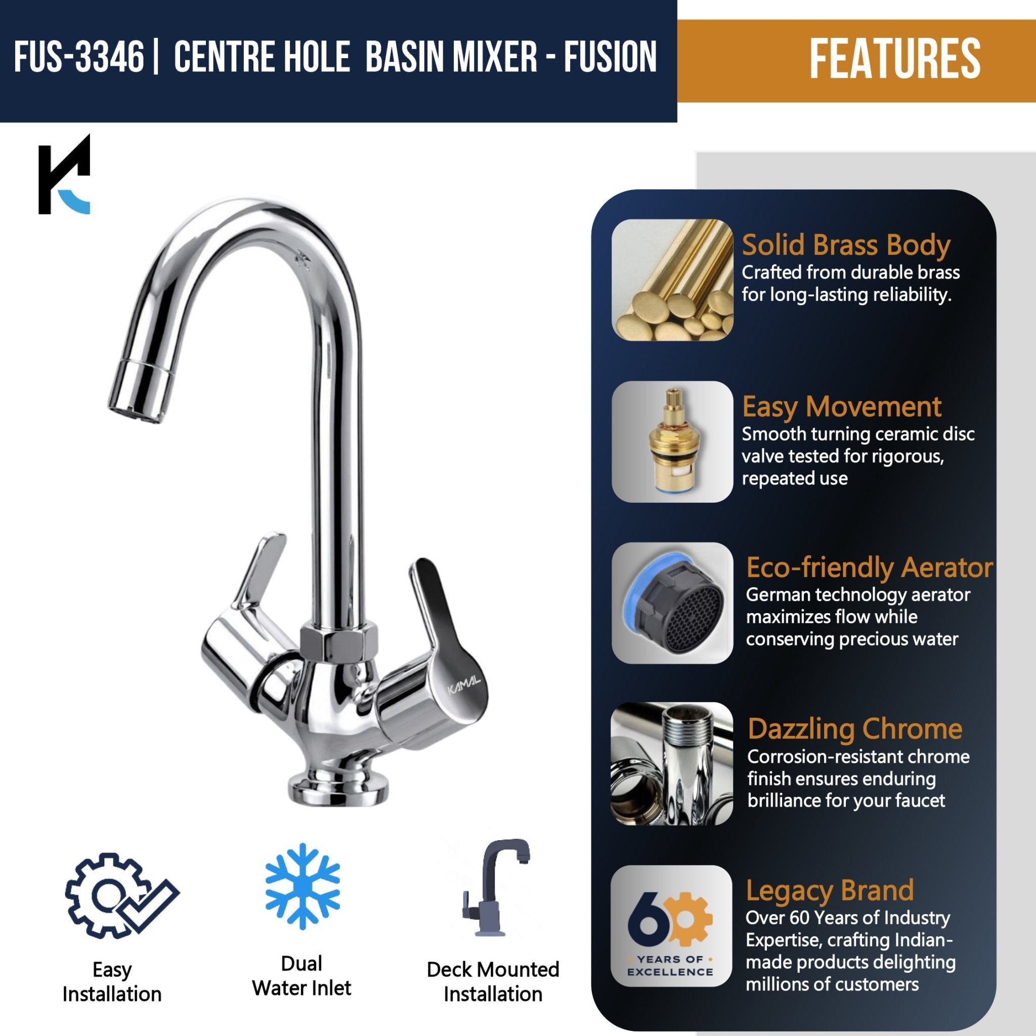 Fusion Basin Mixer (Full Brass) - by Kamal - Fusion - Kamal Bathware
