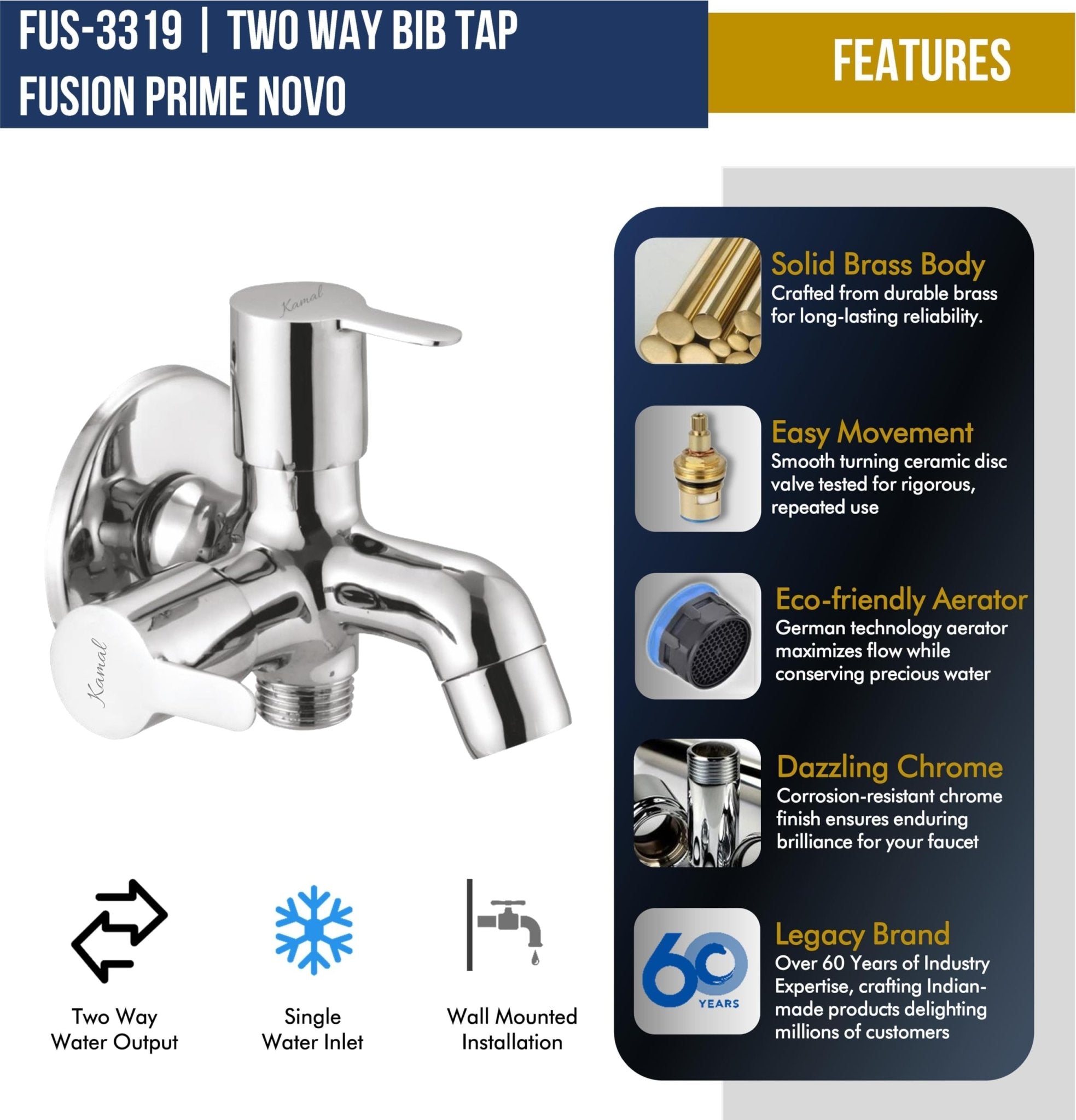 Fusion Prime Novo Two Way Bib Tap (Full Brass) - by Kamal - Fusion Prime Novo - Kamal Bathware